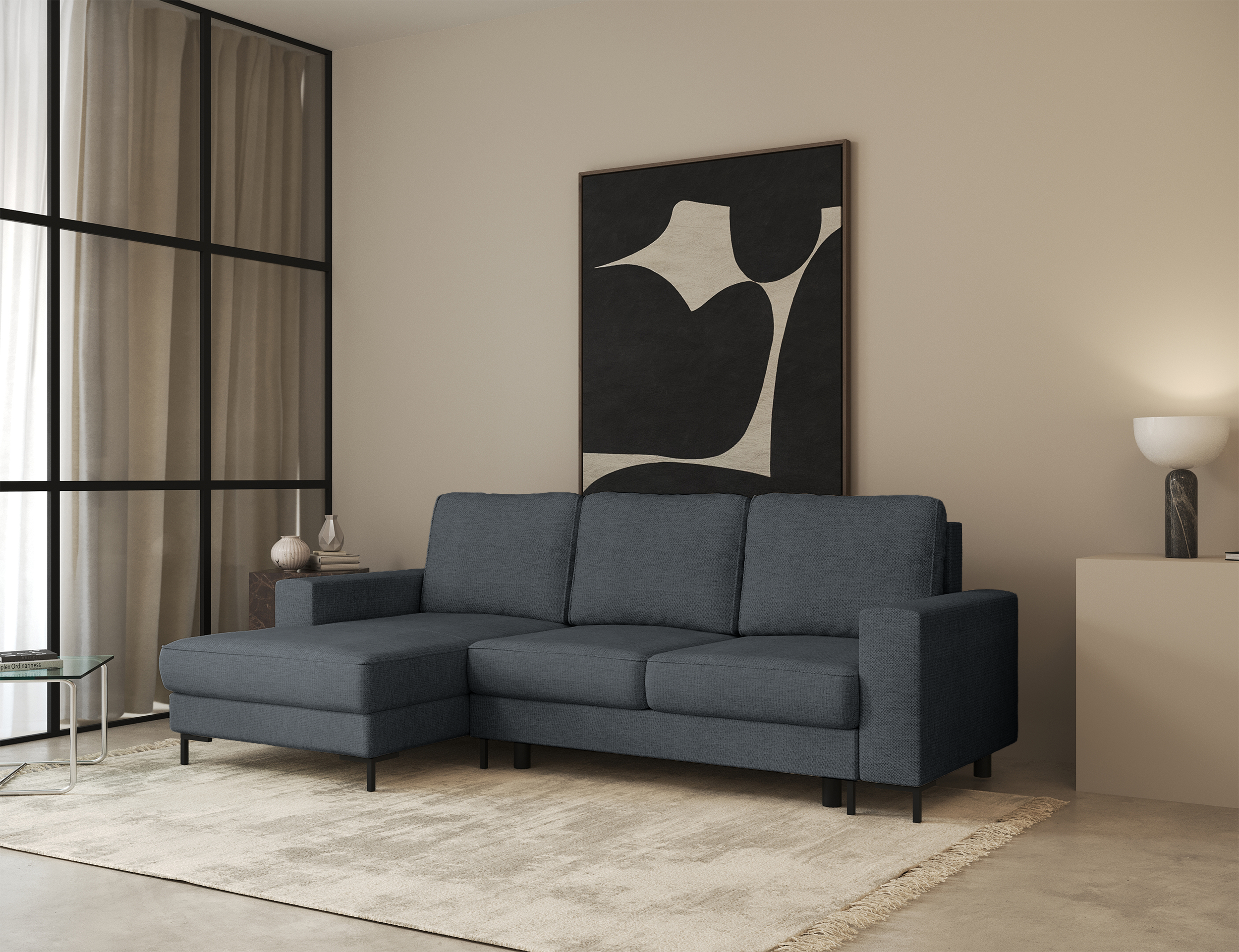 Ecksofa mit Schlaffunktion Mokpeo, L-förmig, mit zwei Stauraumfächern, schwarzen Füßen, dunkelgrauer Chenille, linksseitig