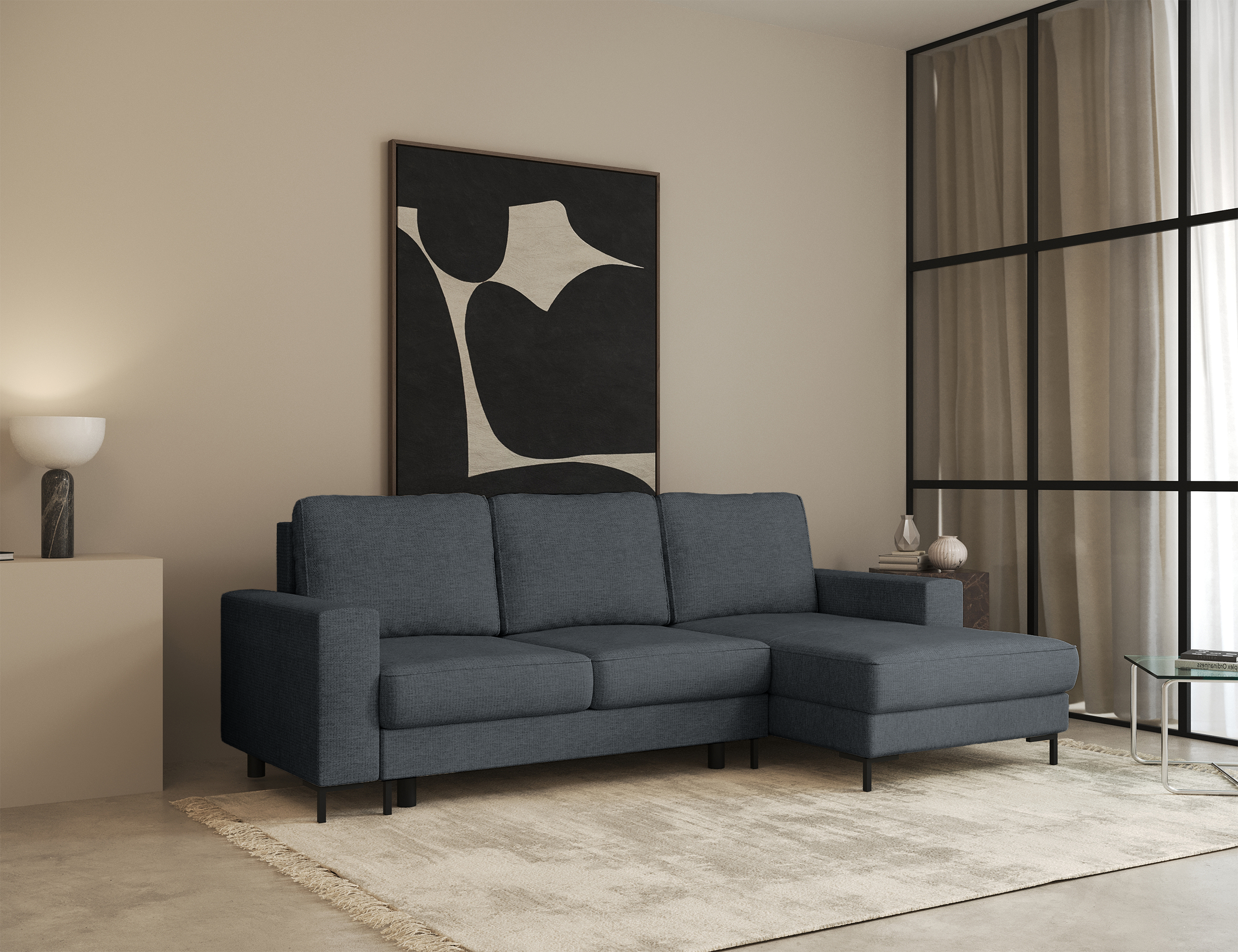 Ecksofa mit Schlafunktion Mokpeo, L-förmig, mit zwei Stauraumfächern, schwarzen Füßen, dunkelgrauer Chenille, rechtsseitig