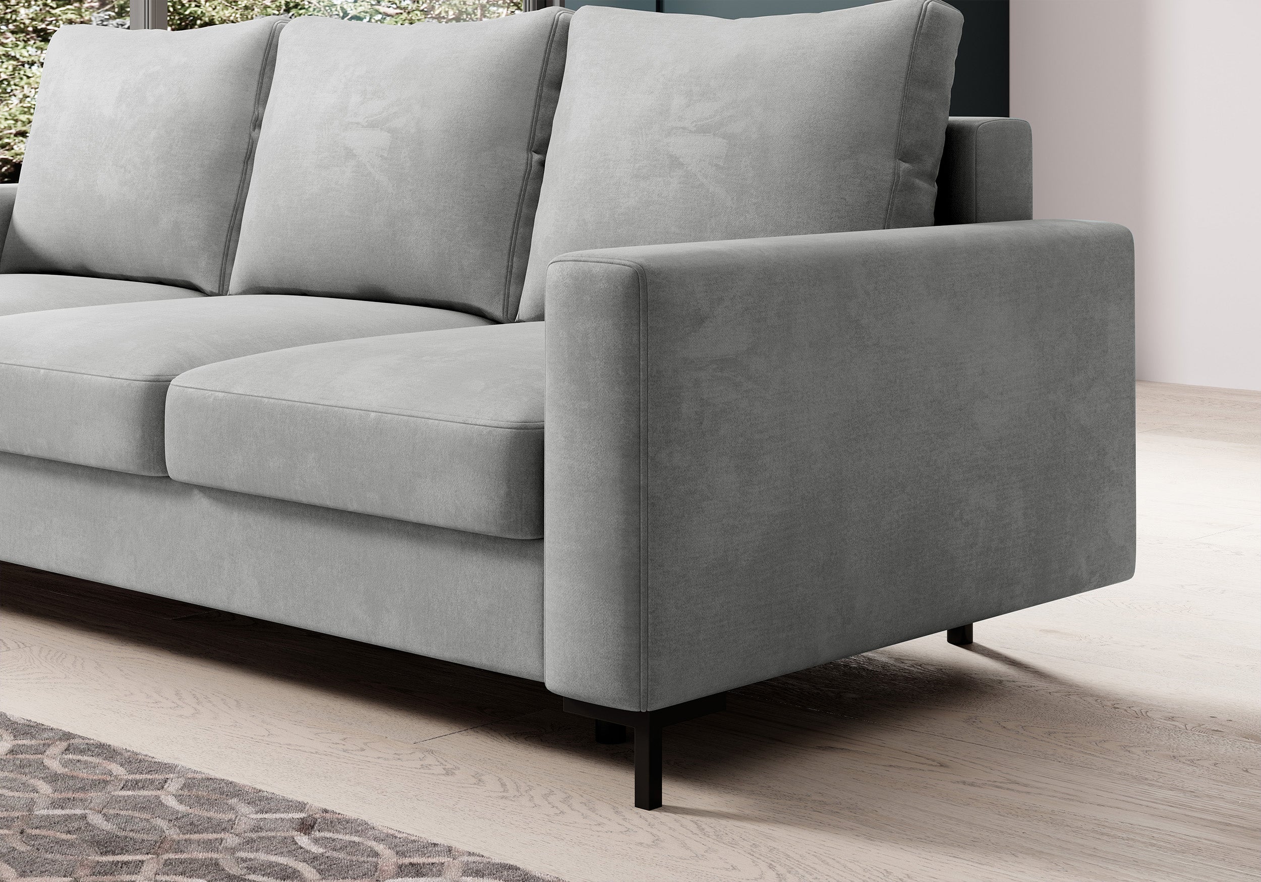 Dreisitziges ausklappbares Sofa Mokpeo mit Stauraum, hellgrauer, pflegeleichter Samtstoff