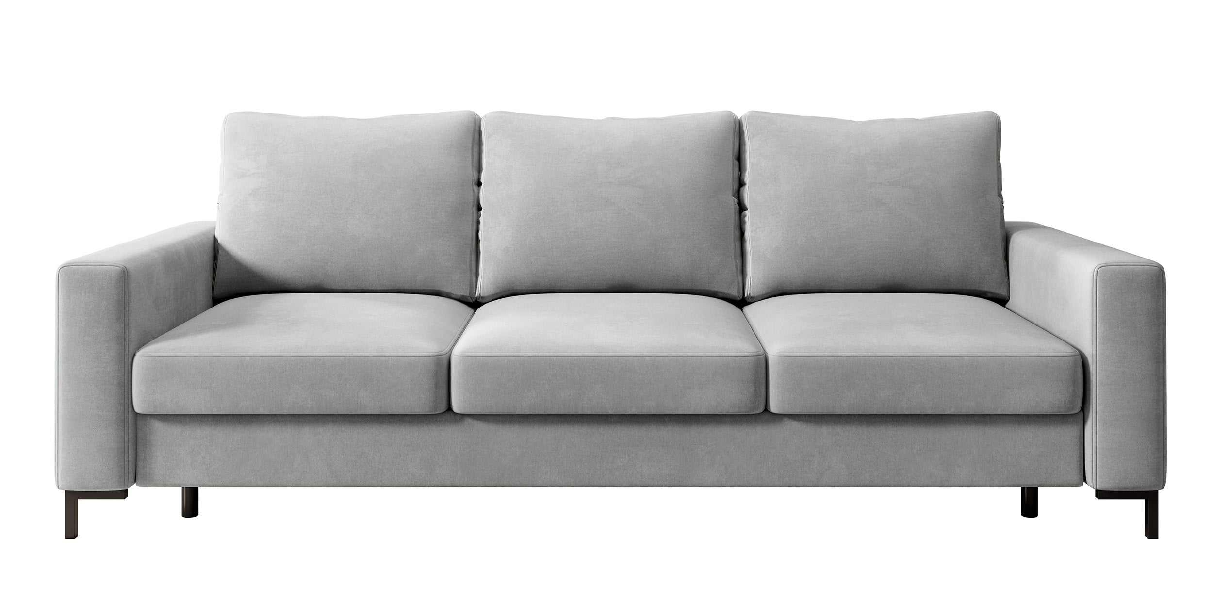 Dreisitziges ausklappbares Sofa Mokpeo mit Stauraum, hellgrauer, pflegeleichter Samtstoff