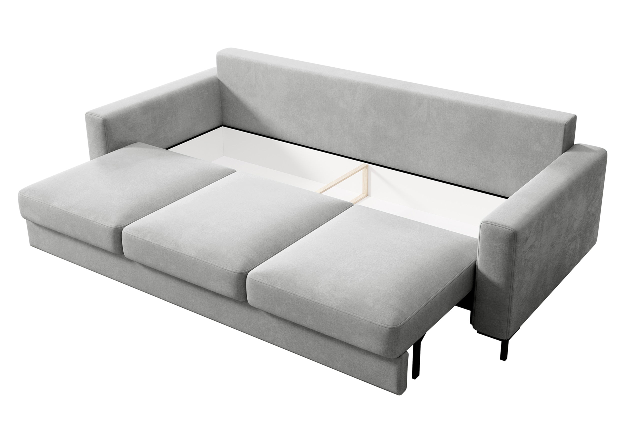 Dreisitziges ausklappbares Sofa Mokpeo mit Stauraum, hellgrauer, pflegeleichter Samtstoff