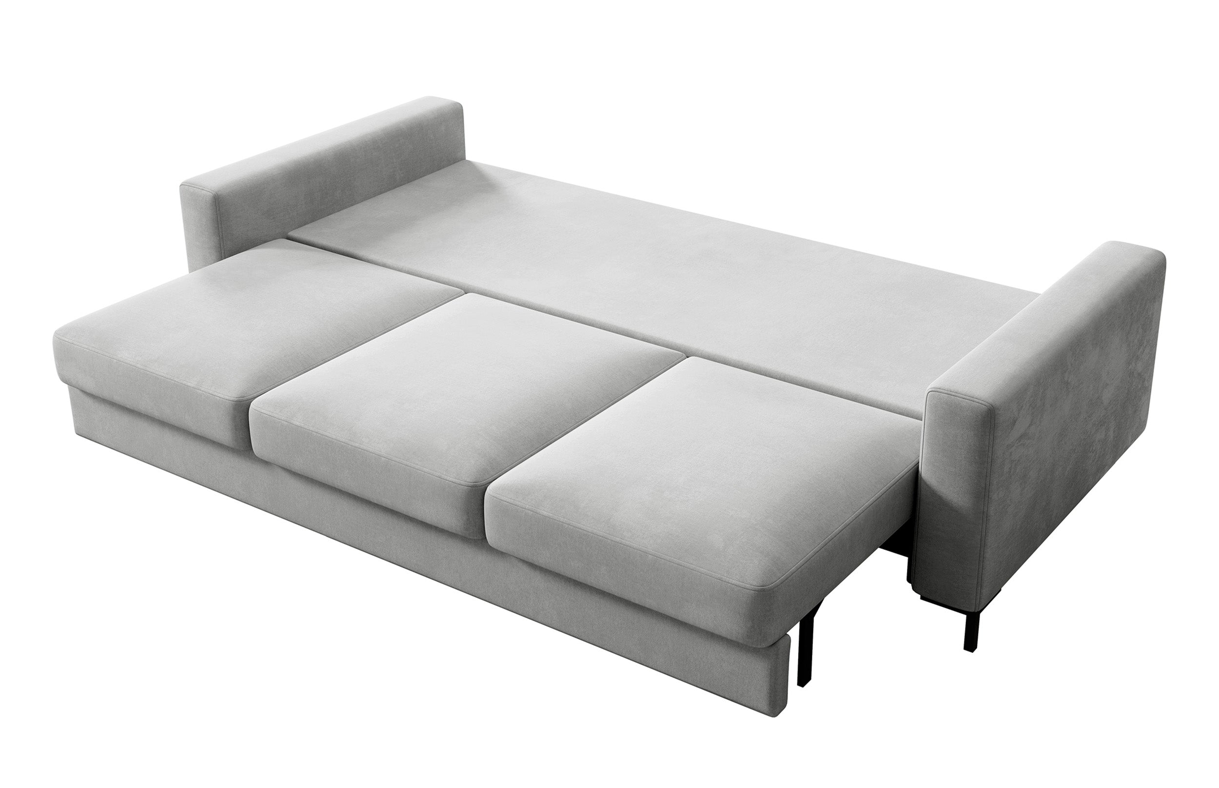 Dreisitziges ausklappbares Sofa Mokpeo mit Stauraum, hellgrauer, pflegeleichter Samtstoff