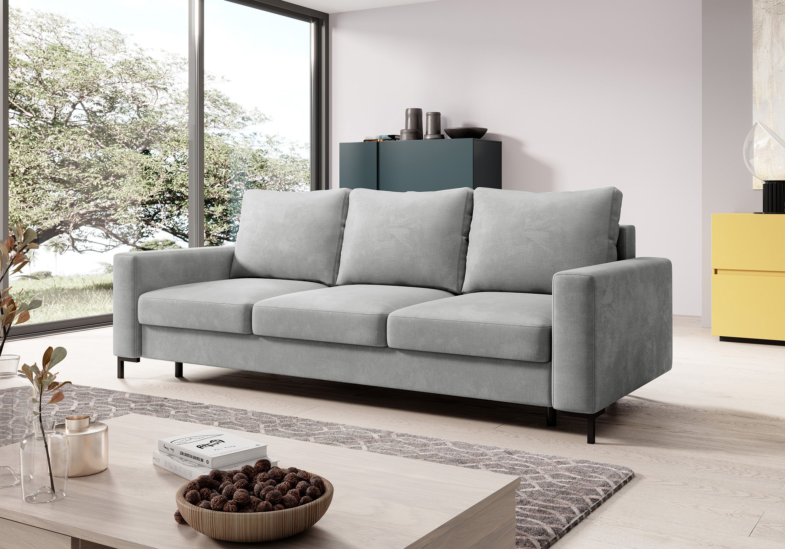 Dreisitziges ausklappbares Sofa Mokpeo mit Stauraum, hellgrauer, pflegeleichter Samtstoff