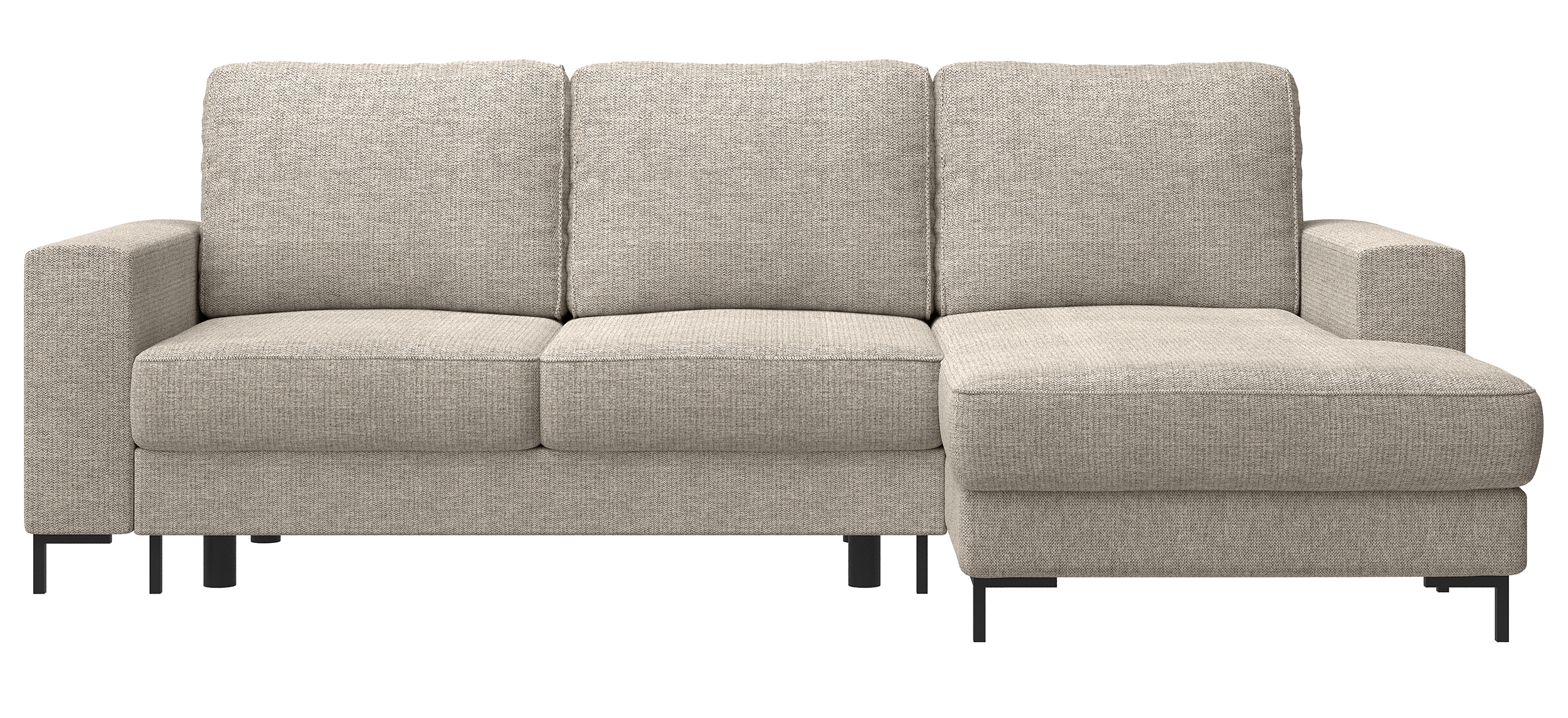 Ecksofa mit Schlafunktion Mokpeo, L-förmig, mit zwei Stauraumfächern, schwarzen Füßen, beiger Chenille, linksseitig