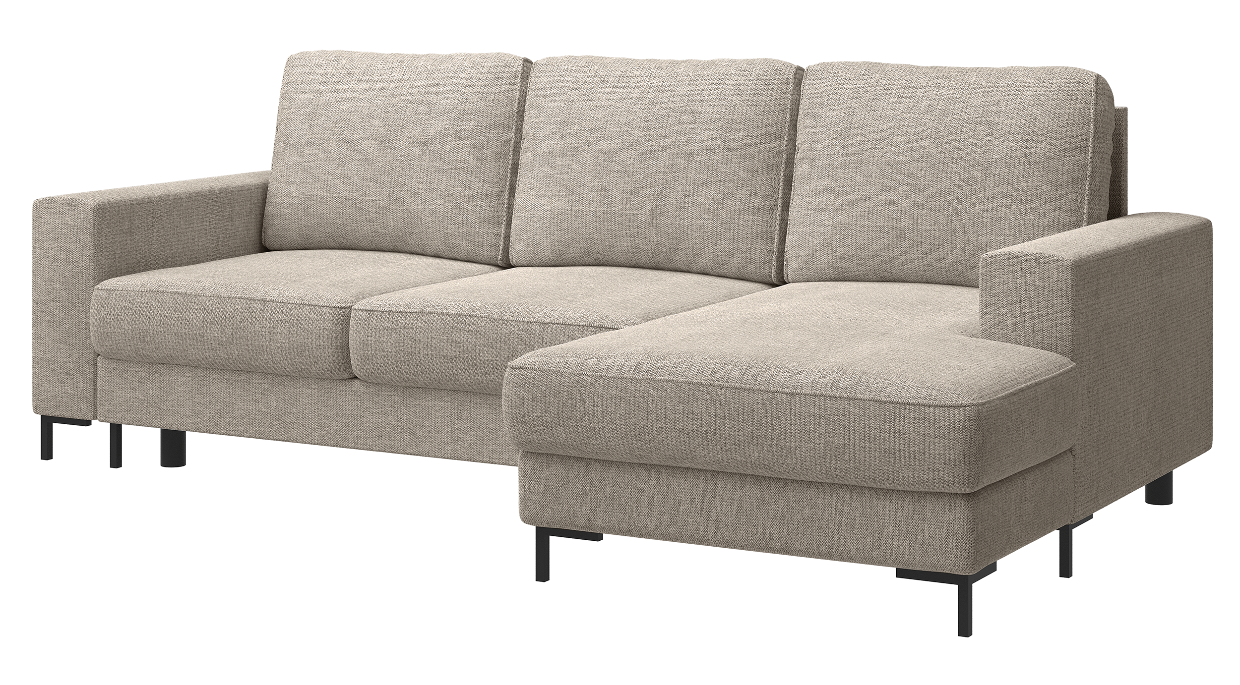 Ecksofa mit Schlaffunktion Mokpeo, L-förmig, mit zwei Stauraumfächern, auf schwarzen Füßen, beige Chenille, rechtsseitig