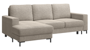 Ecksofa mit Schlafunktion Mokpeo, L-förmig, mit zwei Stauraumfächern, schwarzen Füßen, beiger Chenille, linksseitig