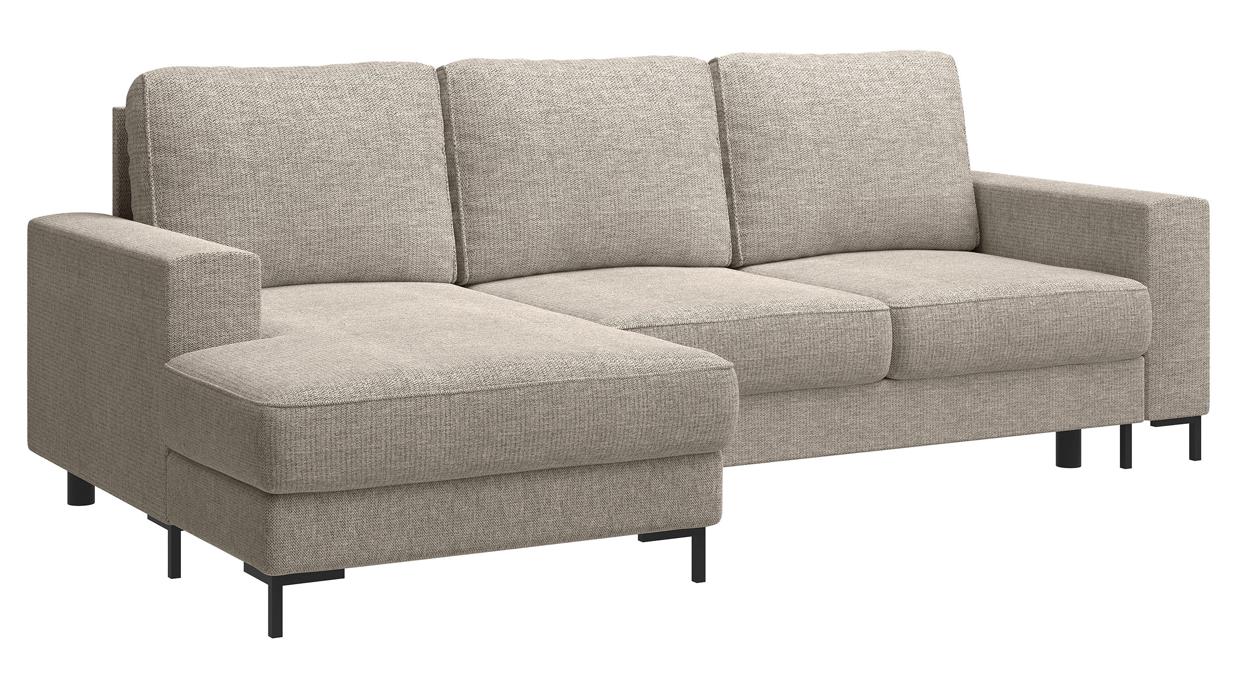 Ecksofa mit Schlafunktion Mokpeo, L-förmig, mit zwei Stauraumfächern, schwarzen Füßen, beiger Chenille, linksseitig