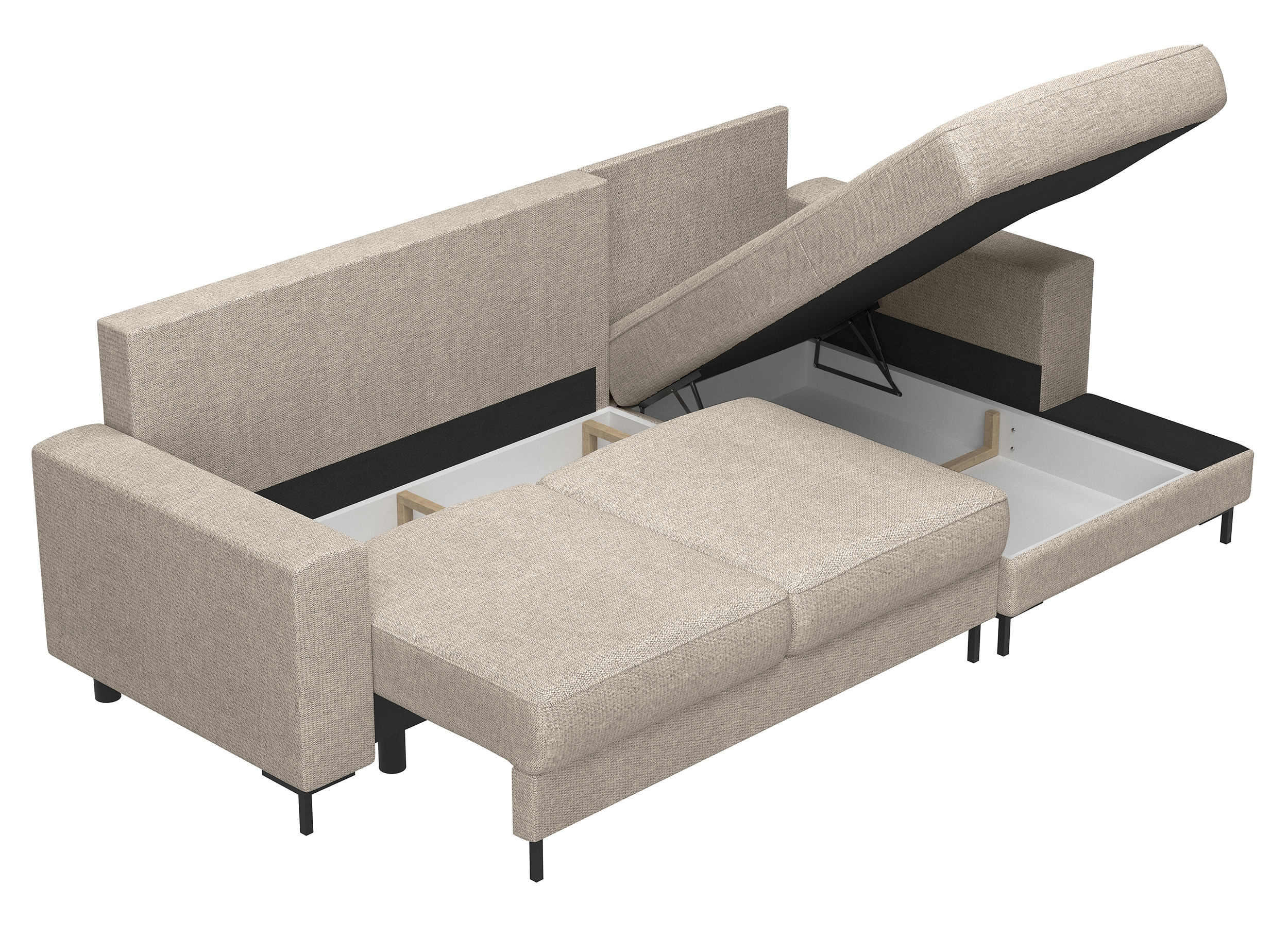 Ecksofa mit Schlaffunktion Mokpeo, L-förmig, mit zwei Stauraumfächern, auf schwarzen Füßen, beige Chenille, rechtsseitig