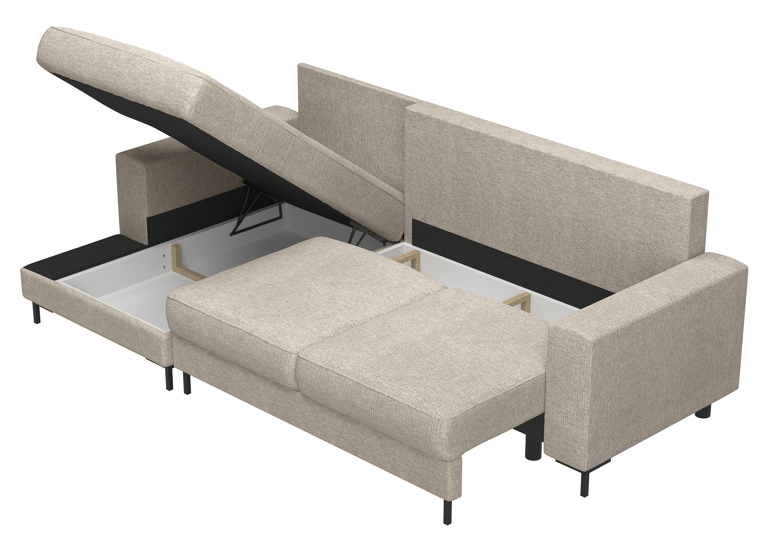 Ecksofa mit Schlafunktion Mokpeo, L-förmig, mit zwei Stauraumfächern, schwarzen Füßen, beiger Chenille, linksseitig