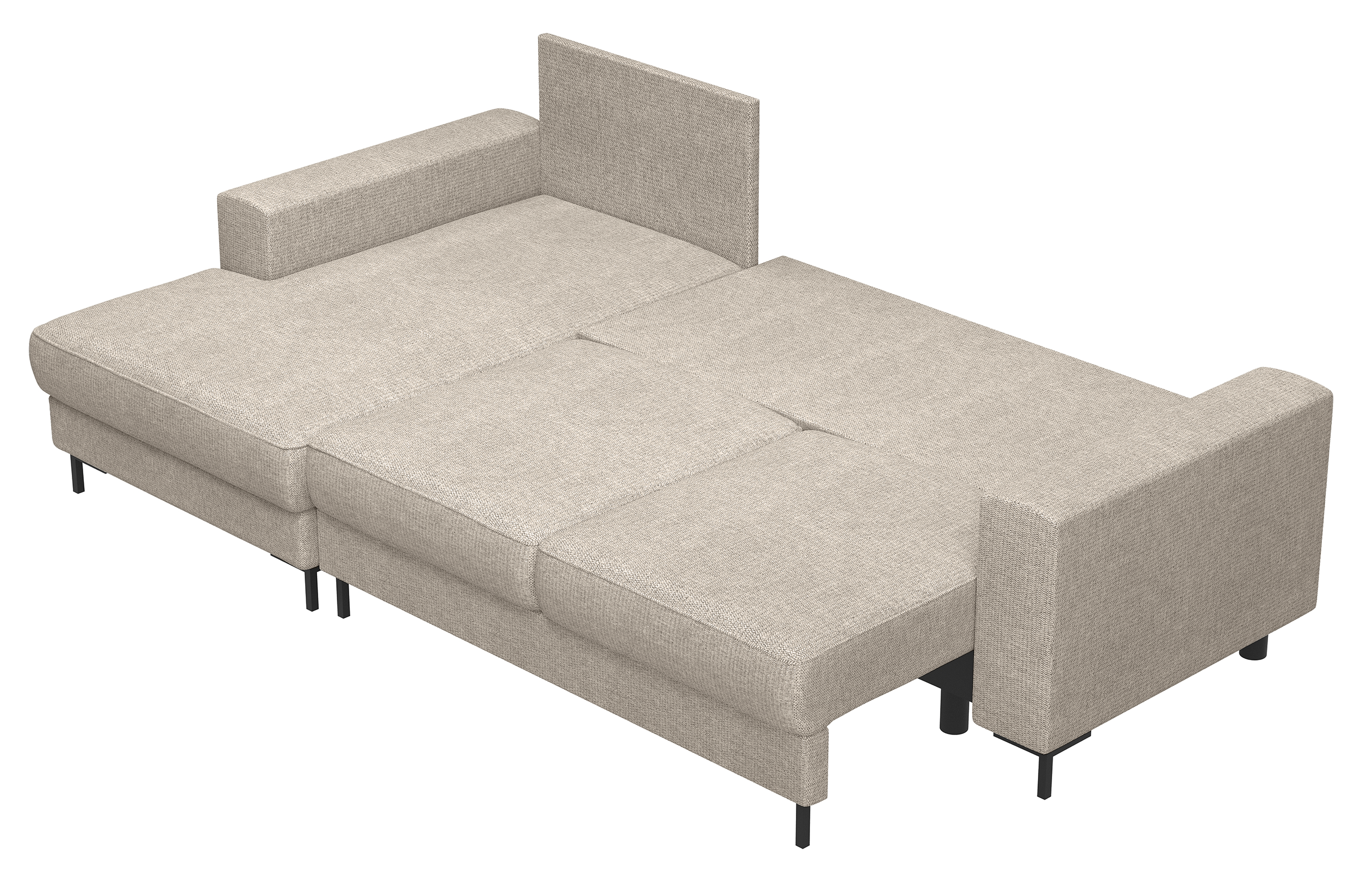 Ecksofa mit Schlafunktion Mokpeo, L-förmig, mit zwei Stauraumfächern, schwarzen Füßen, beiger Chenille, linksseitig
