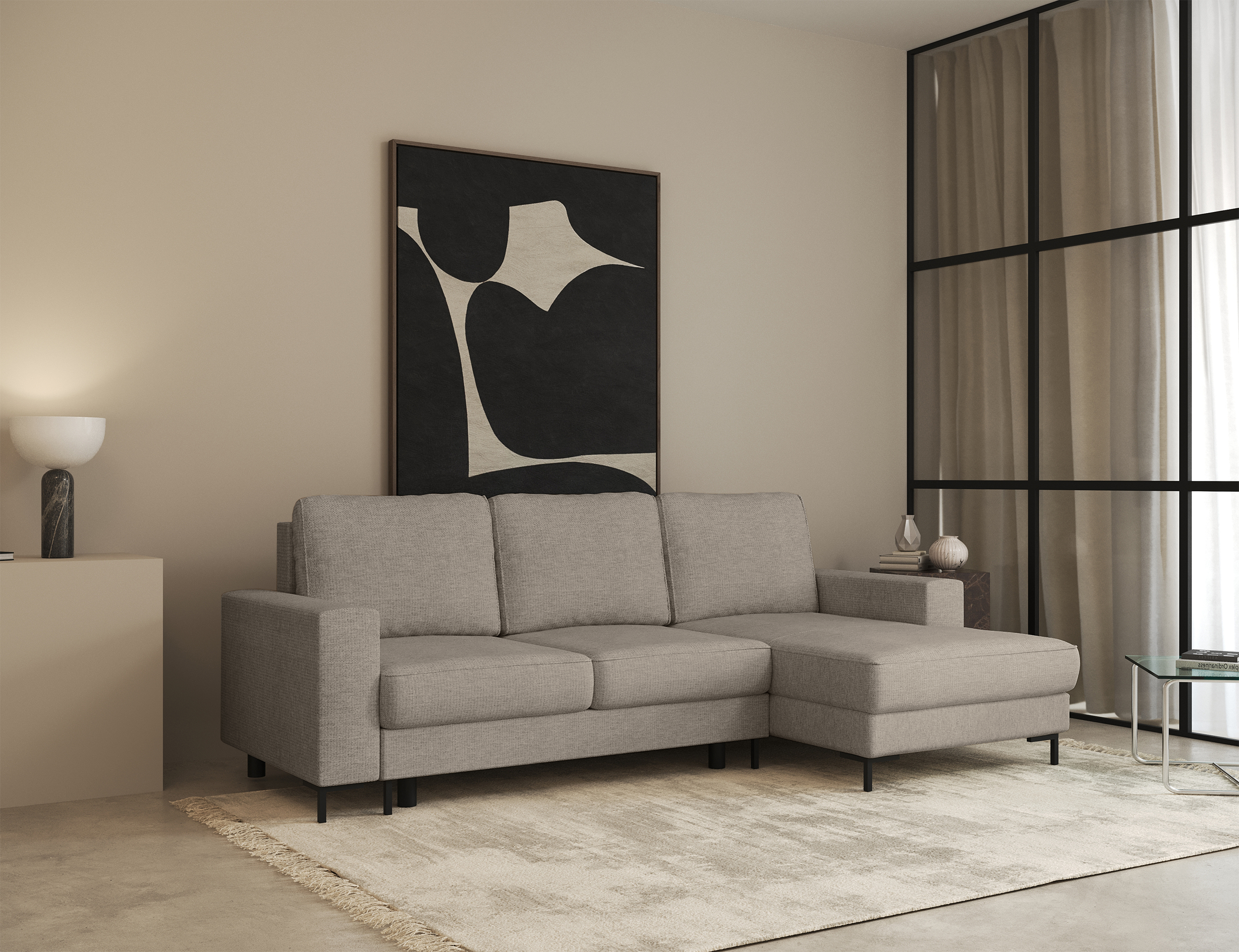 Ecksofa mit Schlaffunktion Mokpeo, L-förmig, mit zwei Stauraumfächern, auf schwarzen Füßen, beige Chenille, rechtsseitig