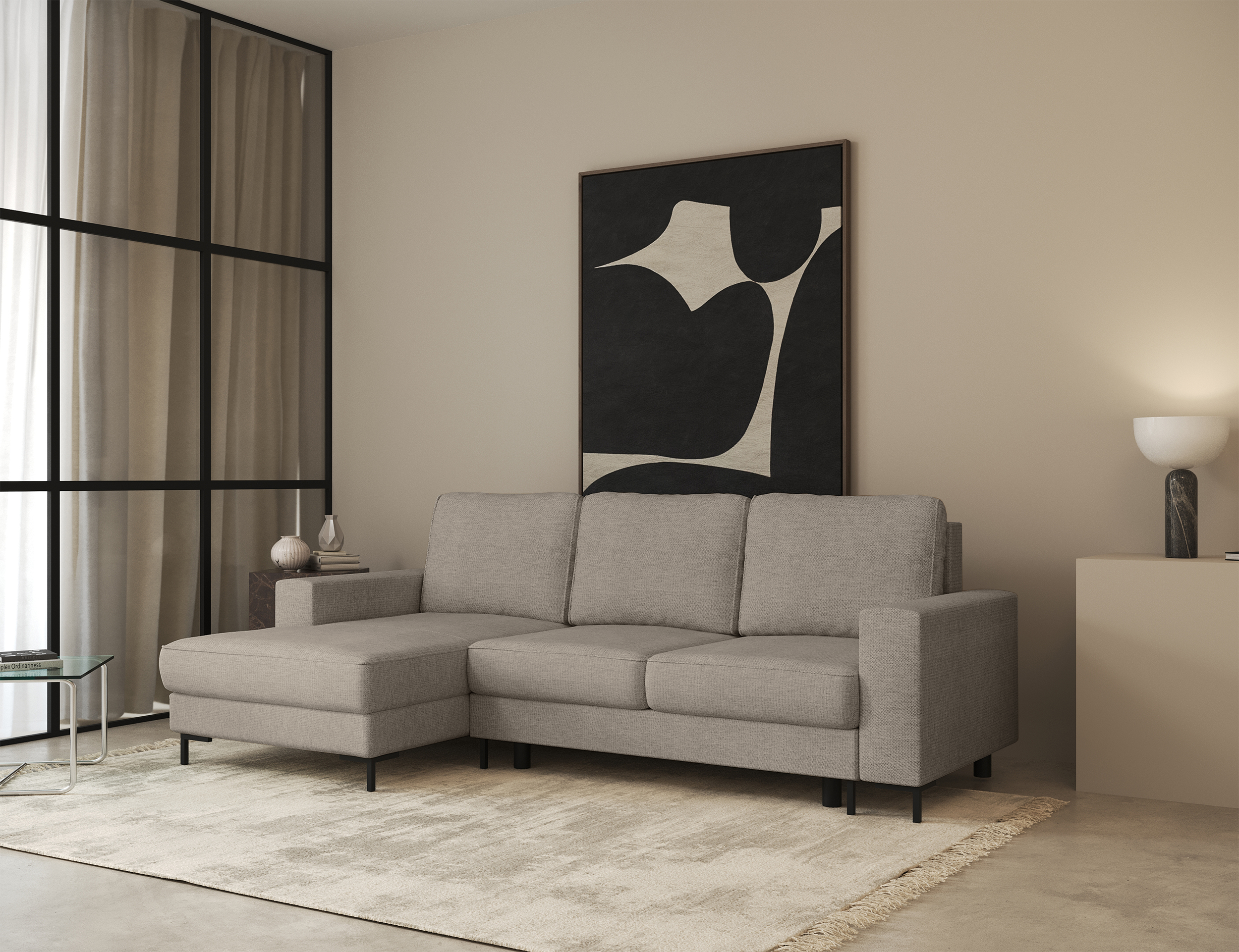 Ecksofa mit Schlafunktion Mokpeo, L-förmig, mit zwei Stauraumfächern, schwarzen Füßen, beiger Chenille, linksseitig