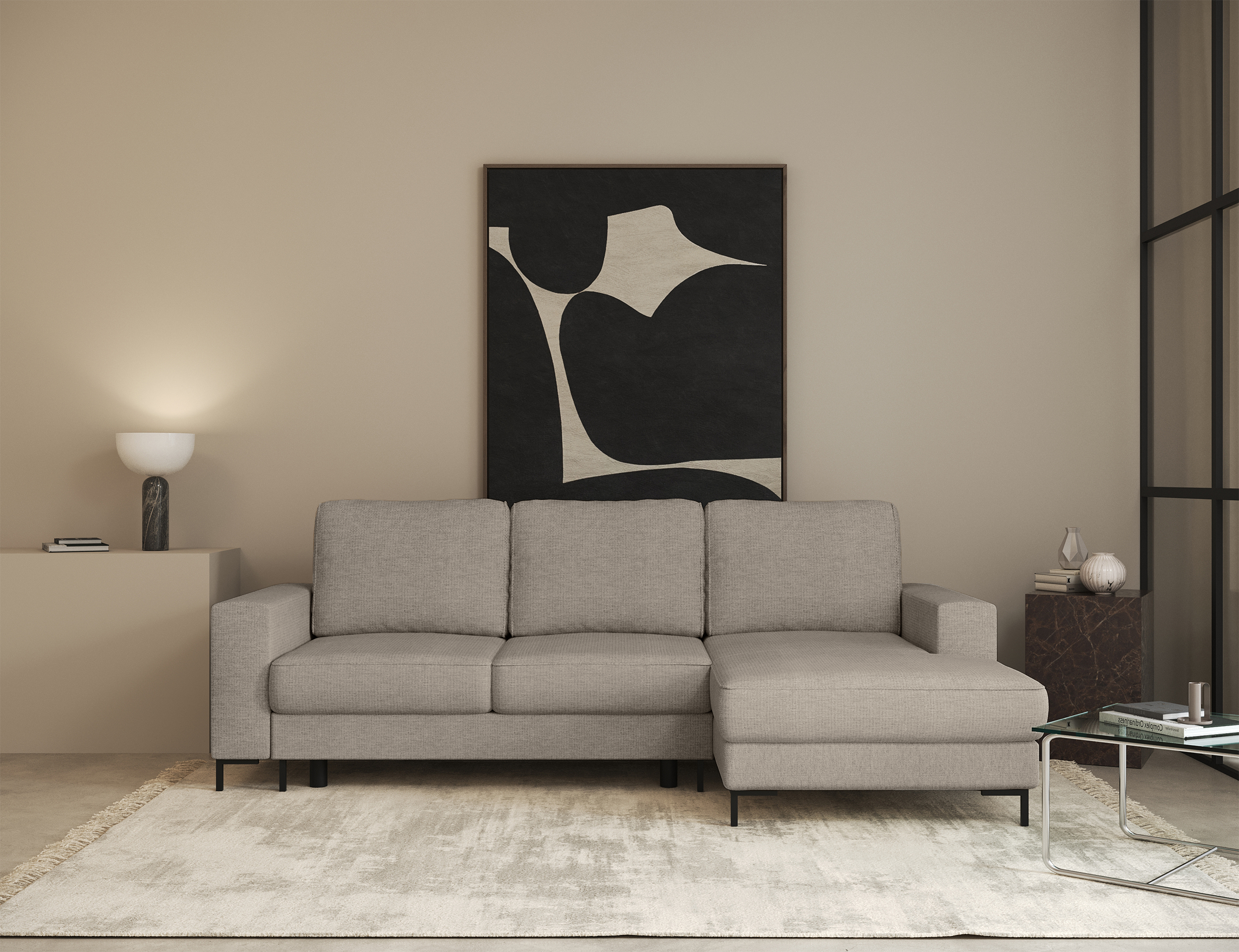 Ecksofa mit Schlaffunktion Mokpeo, L-förmig, mit zwei Stauraumfächern, auf schwarzen Füßen, beige Chenille, rechtsseitig