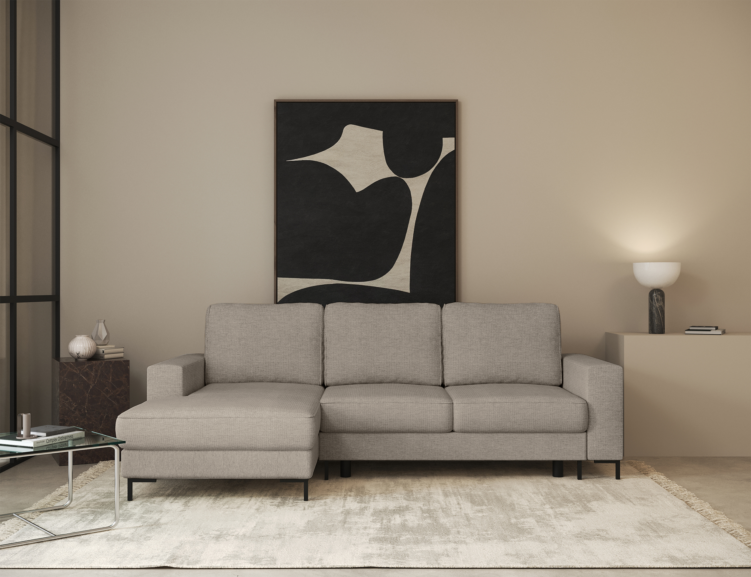 Ecksofa mit Schlafunktion Mokpeo, L-förmig, mit zwei Stauraumfächern, schwarzen Füßen, beiger Chenille, linksseitig