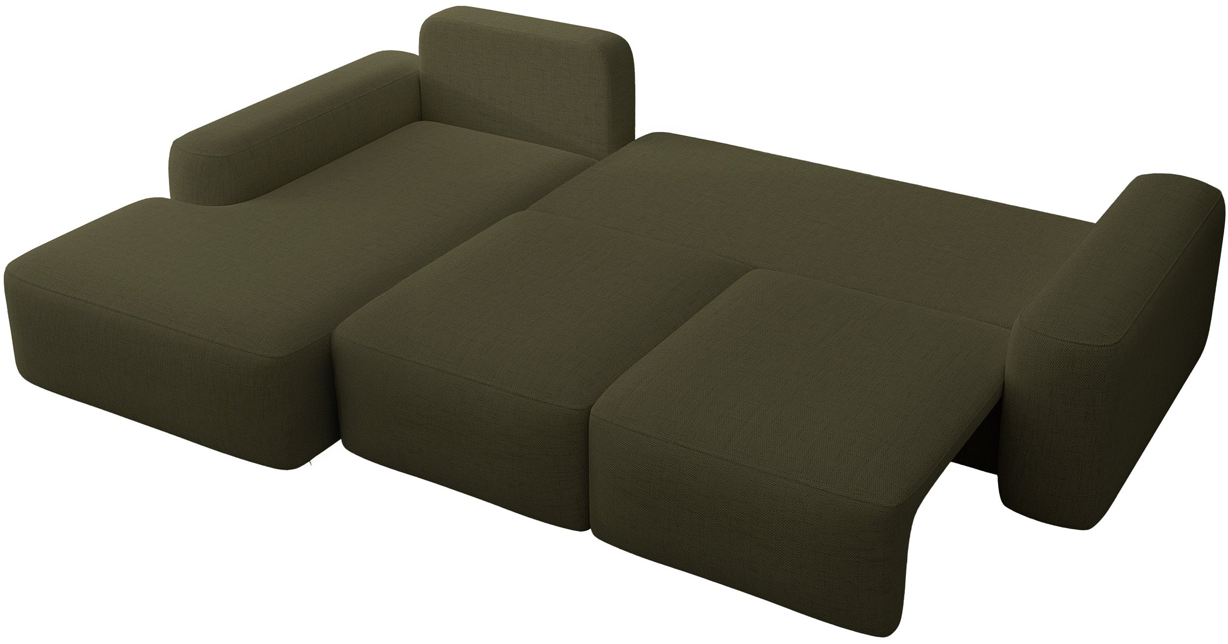 Ecksofa mit Schlaffunktion Carnos, L-förmig, mit Ball, einzelne Kissen, olivgrüner hydrophober Chenille, linksseitig
