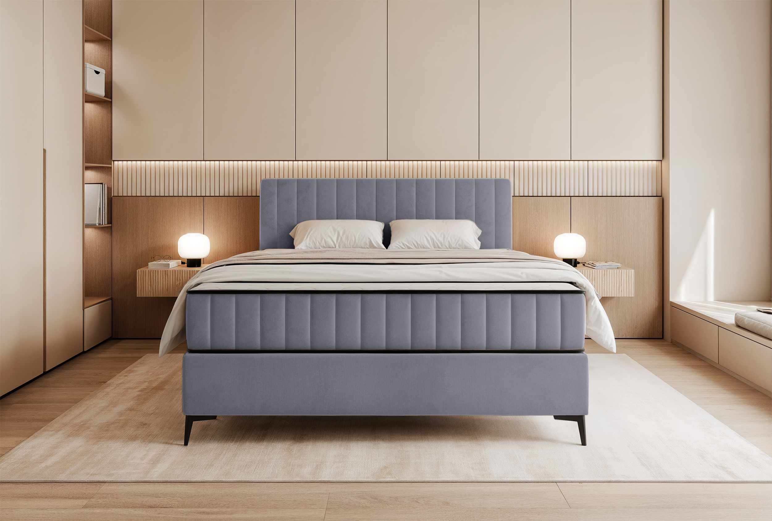 Kontinentalbett 140x200 cm Mufasso mit Stauraum, hellgrauer Velours, wasserabweisend