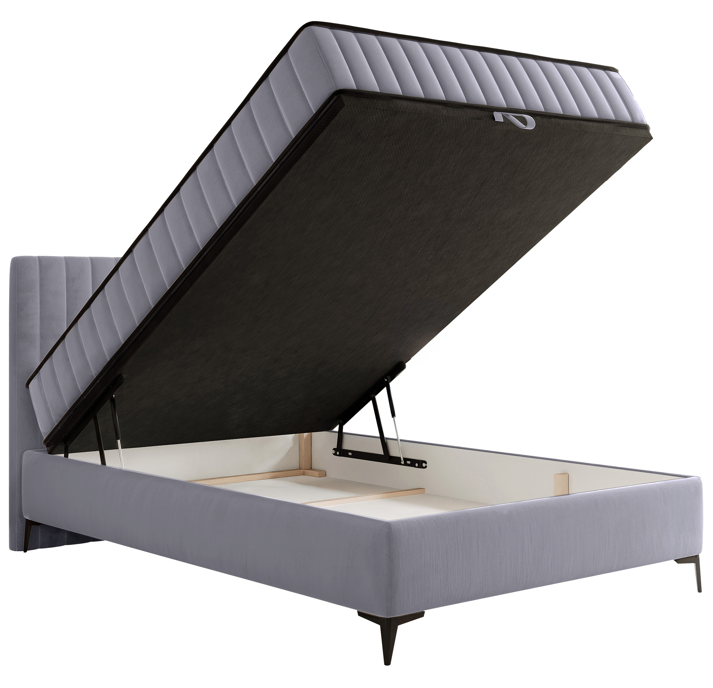 Kontinentalbett 140x200 cm Mufasso mit Stauraum, hellgrauer Velours, wasserabweisend