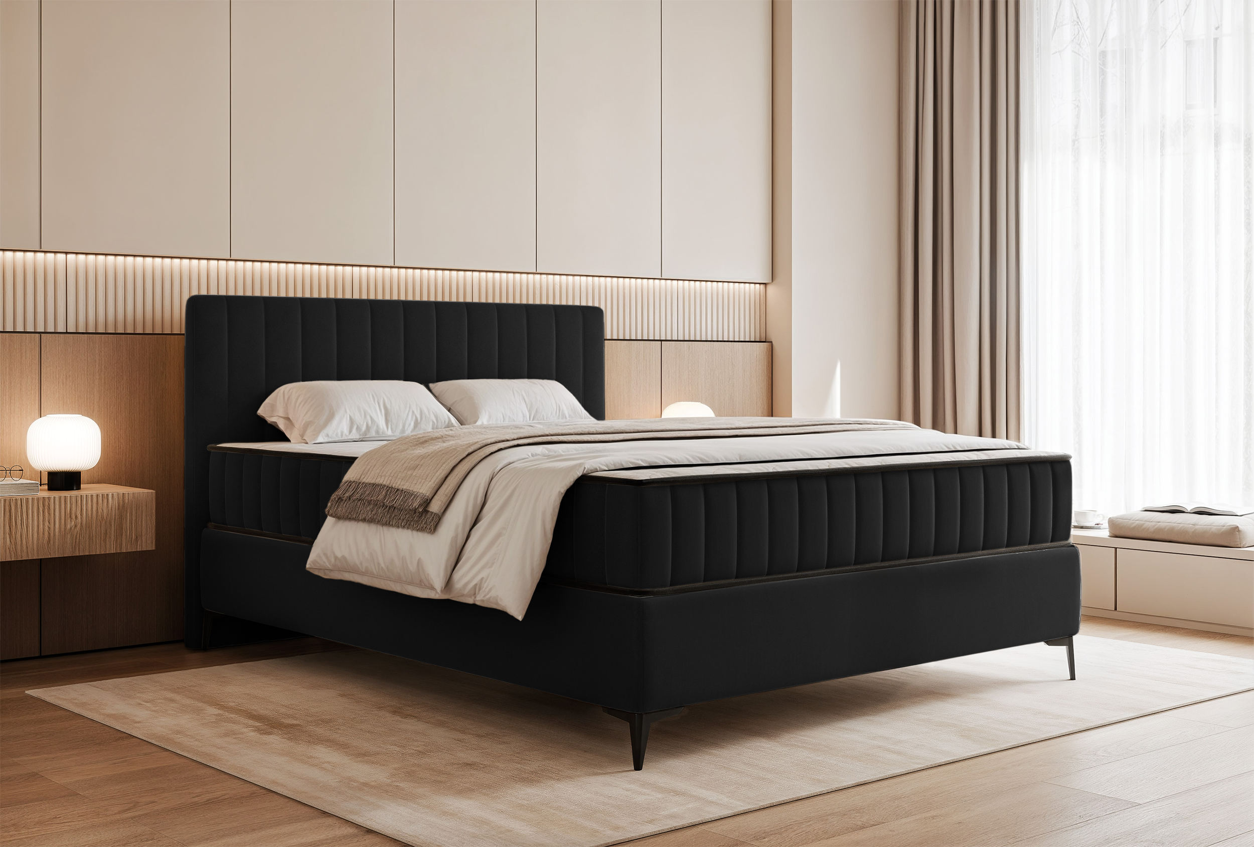 Kontinentalbett 140x200 cm Mufasso mit Stauraum, schwarzer Velours, wasserabweisend
