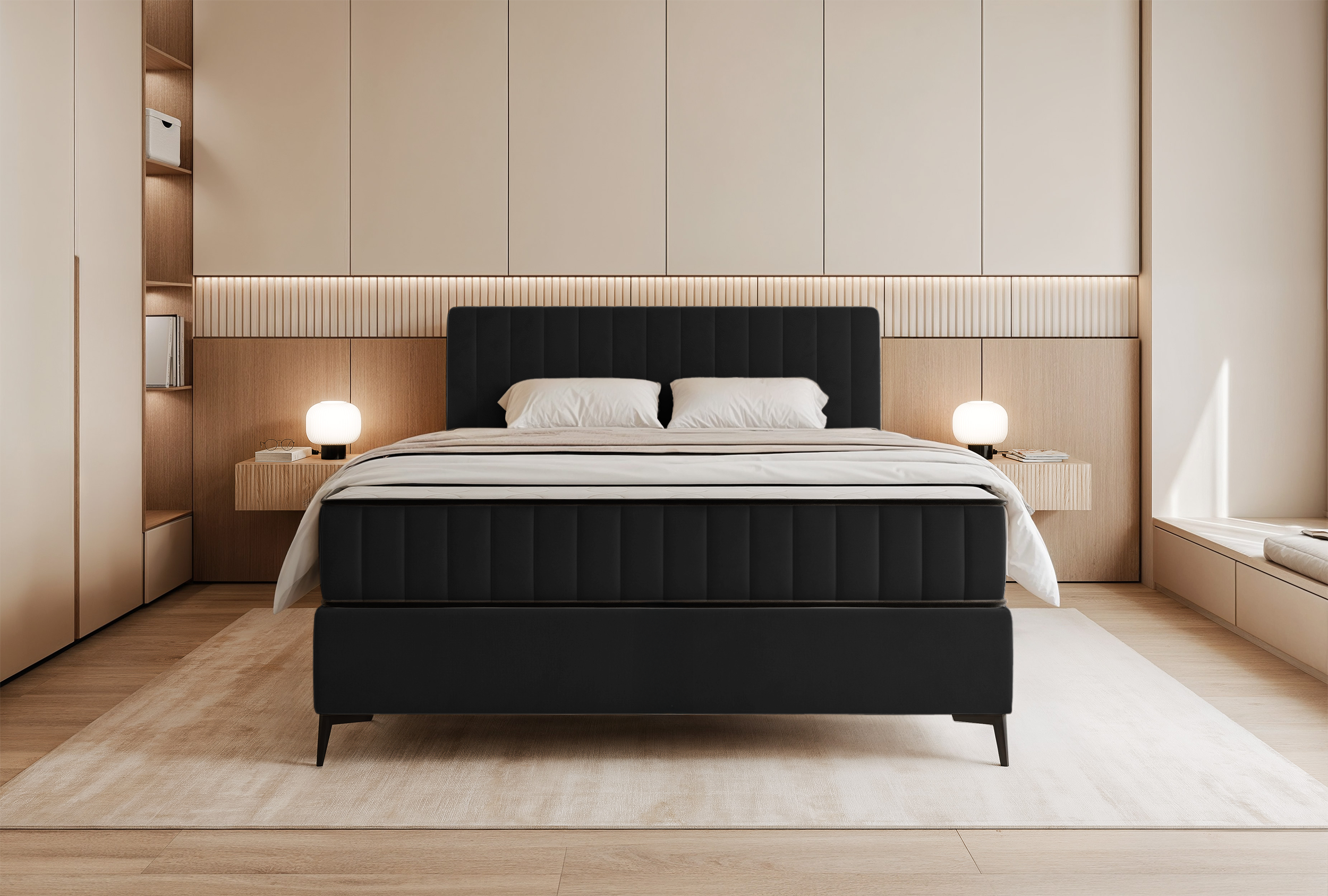 Kontinentalbett 140x200 cm Mufasso mit Stauraum, schwarzer Velours, wasserabweisend