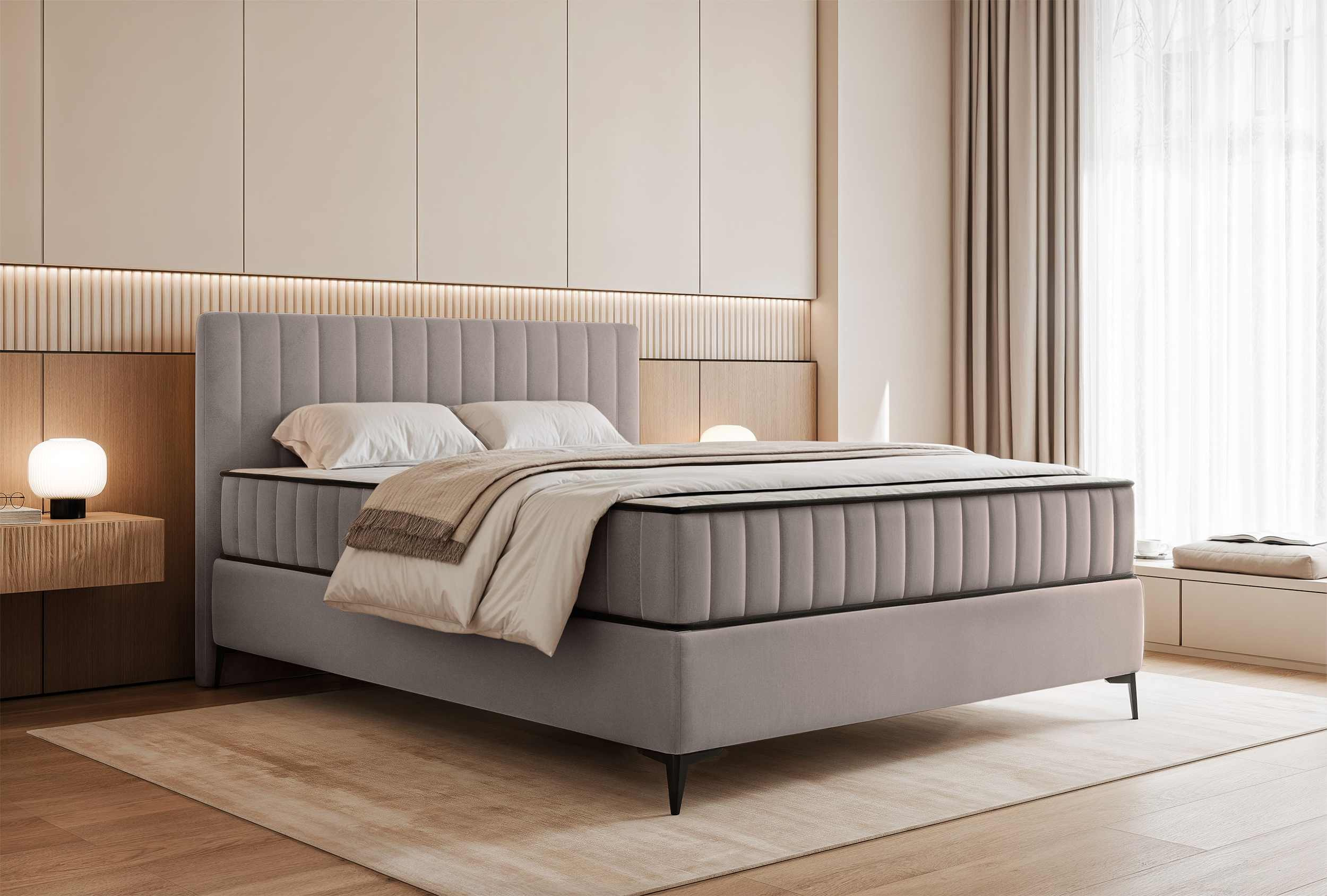 Kontinentales Bett 140x200 cm Mufasso mit Stauraum, grau-beiger wasserabweisender Samt