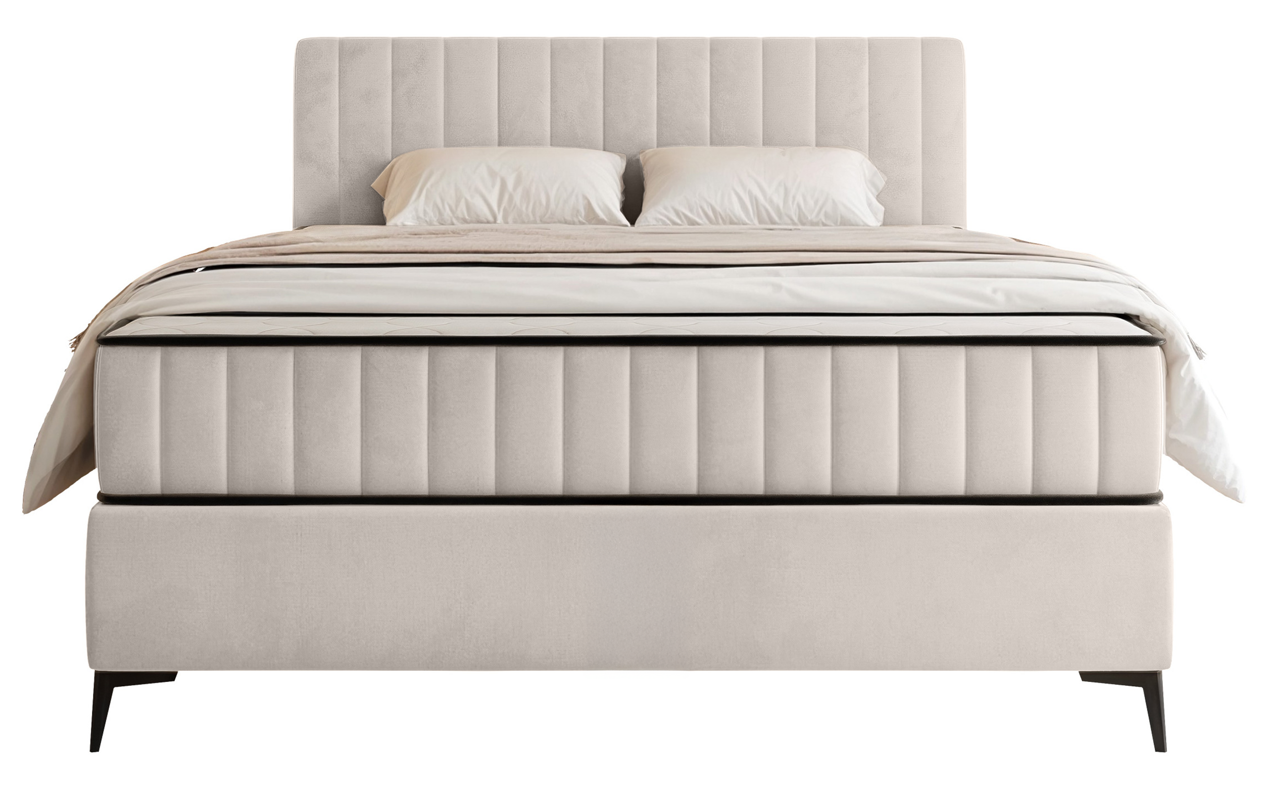 Kontinentales Bett 140x200 cm Mufasso mit Stauraum, hellbeiger Velours, wasserabweisend