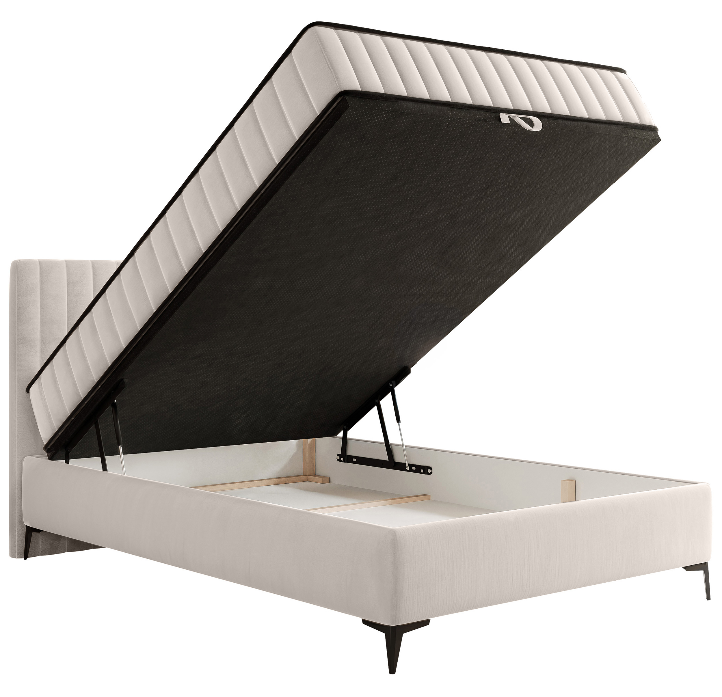 Kontinentales Bett 140x200 cm Mufasso mit Stauraum, hellbeiger Velours, wasserabweisend
