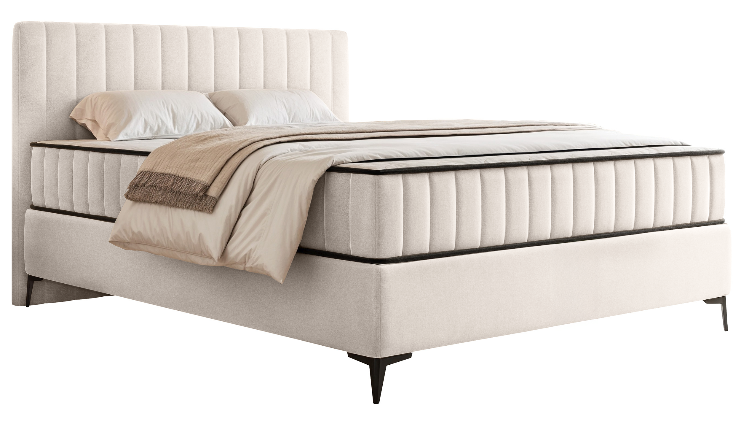 Kontinentales Bett 140x200 cm Mufasso mit Stauraum, cremefarbener Velours, wasserabweisend