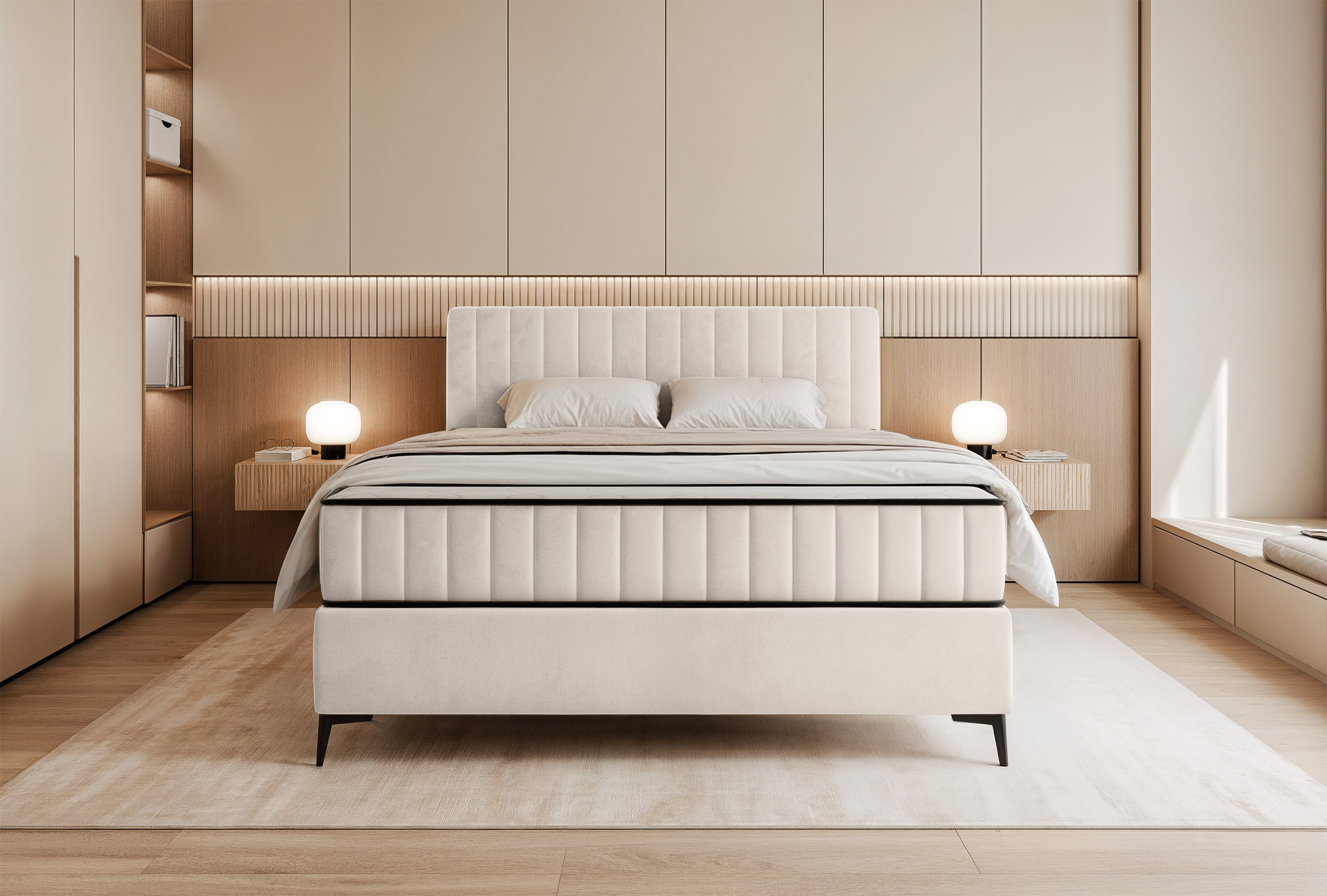 Kontinentales Bett 140x200 cm Mufasso mit Stauraum, cremefarbener Velours, wasserabweisend