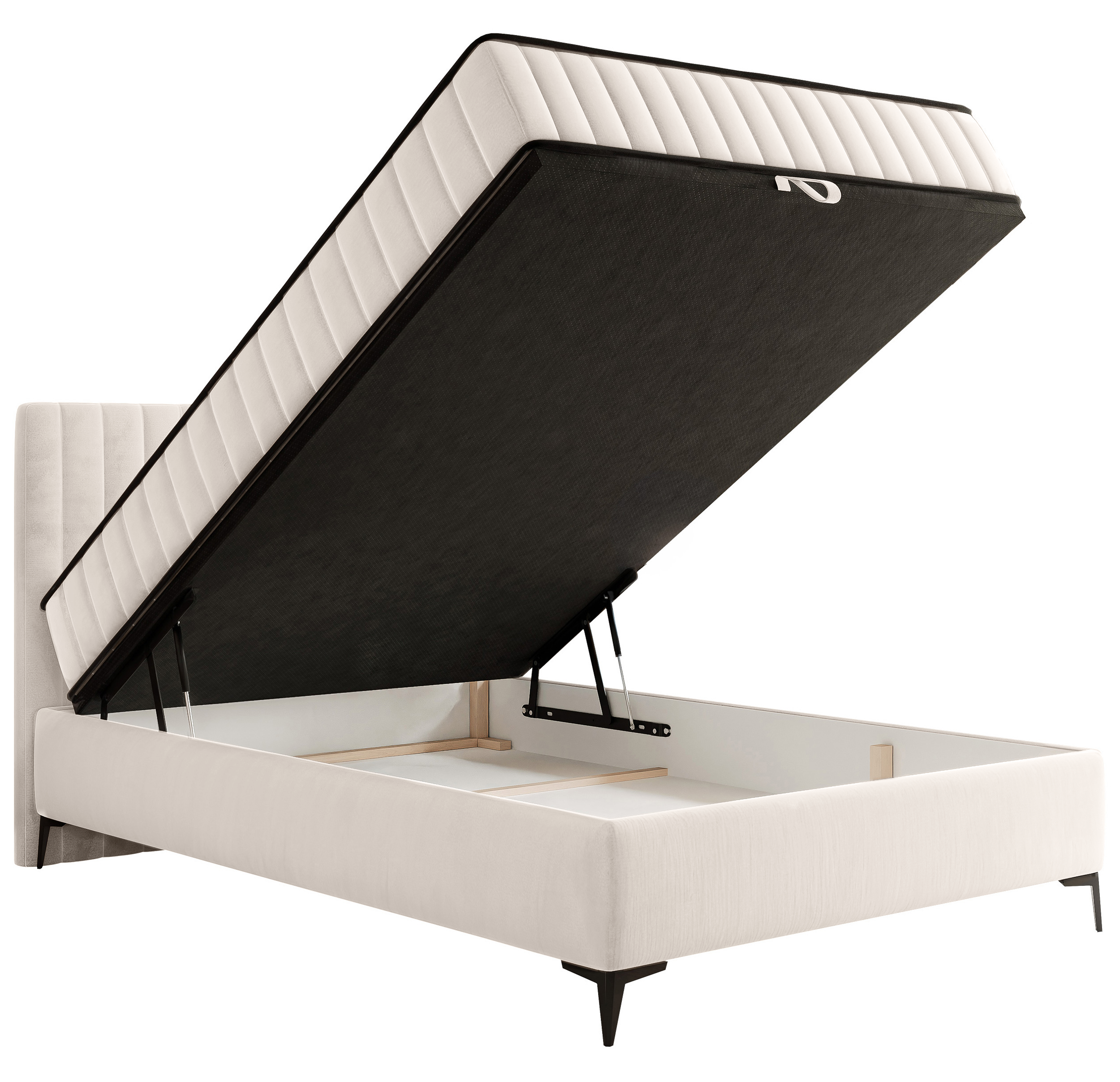 Kontinentales Bett 140x200 cm Mufasso mit Stauraum, cremefarbener Velours, wasserabweisend