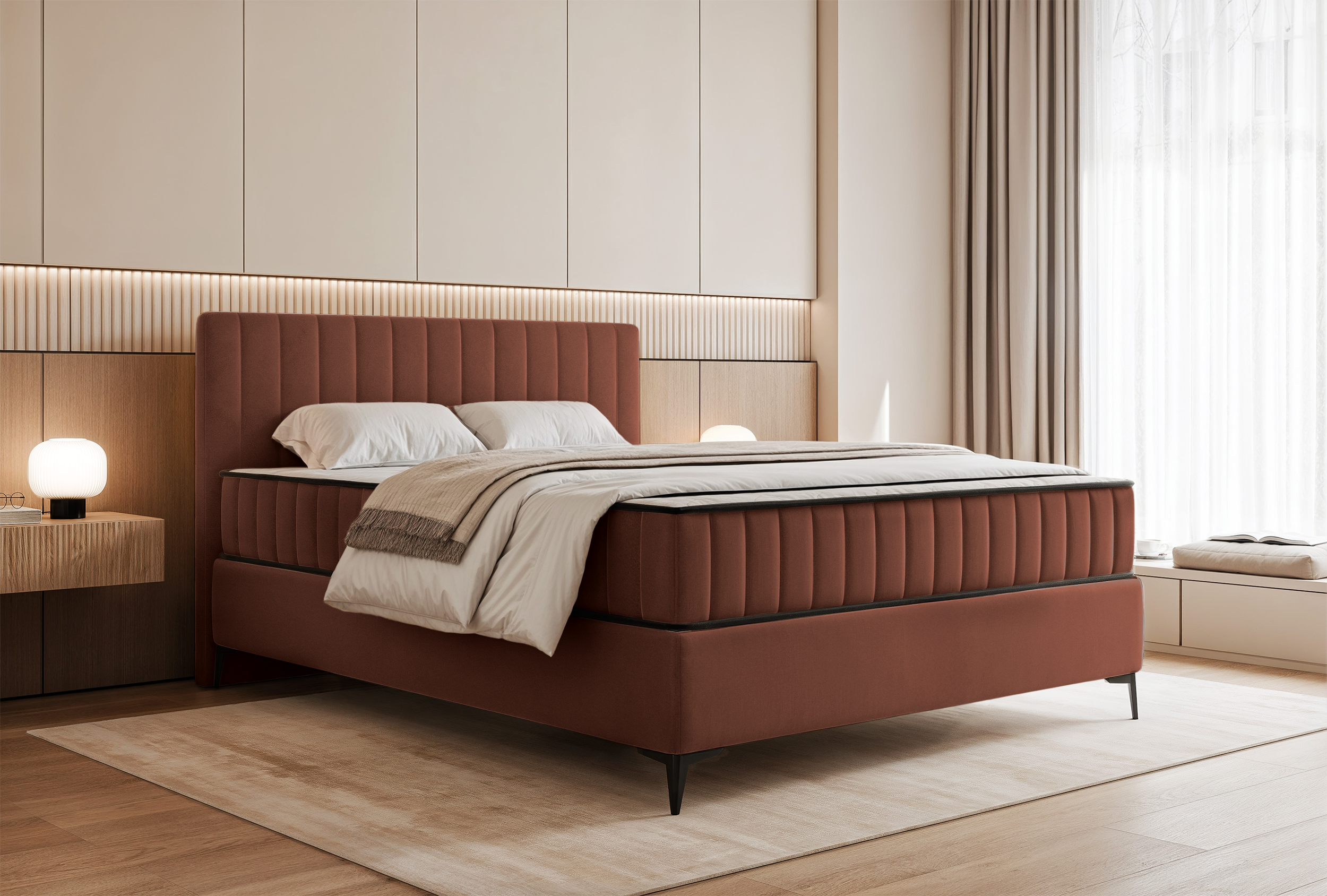 Kontinentales Bett 140x200 cm Mufasso mit Stauraum, kupferfarbener hydrophober Samt