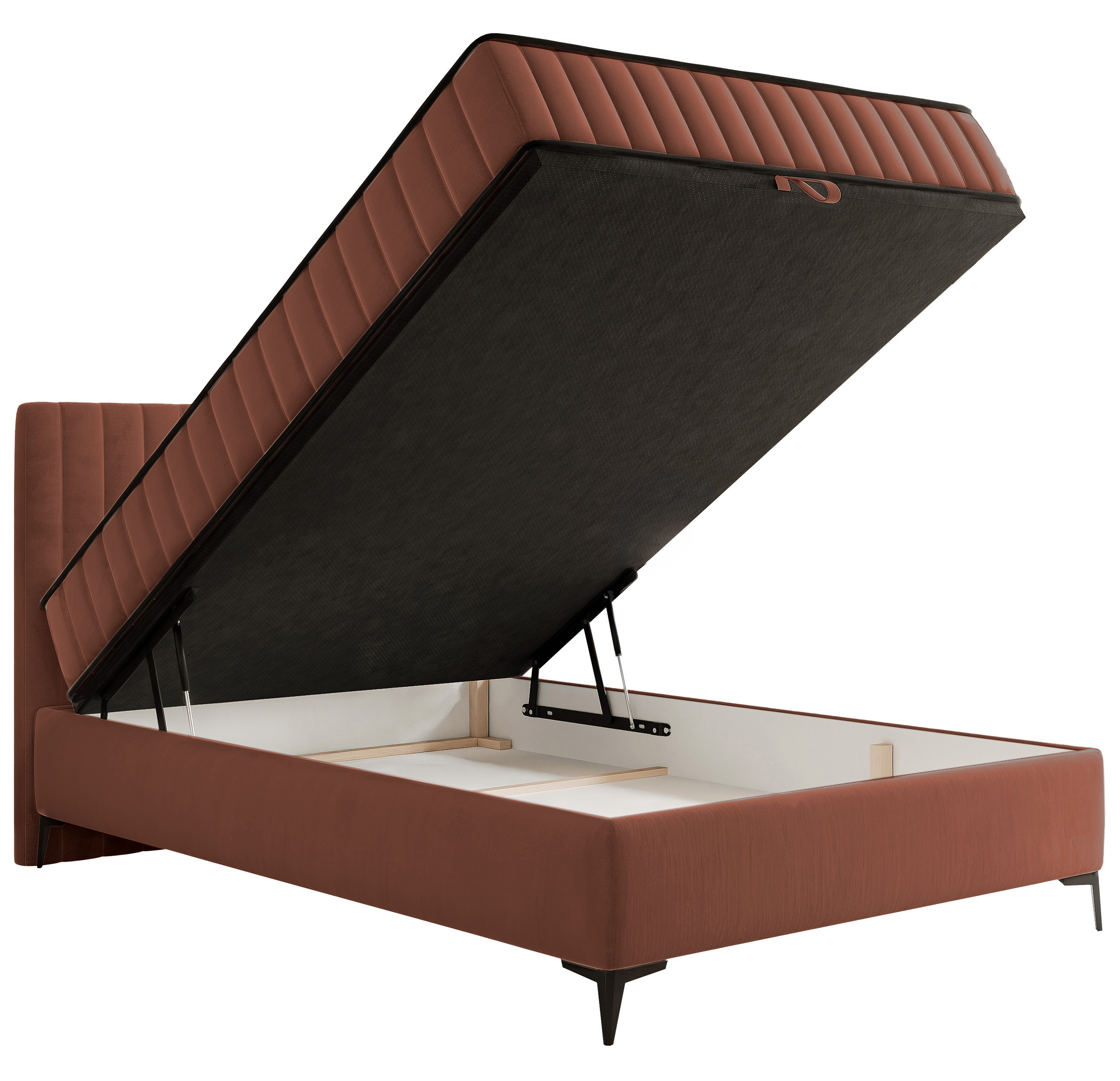 Kontinentales Bett 140x200 cm Mufasso mit Stauraum, kupferfarbener hydrophober Samt