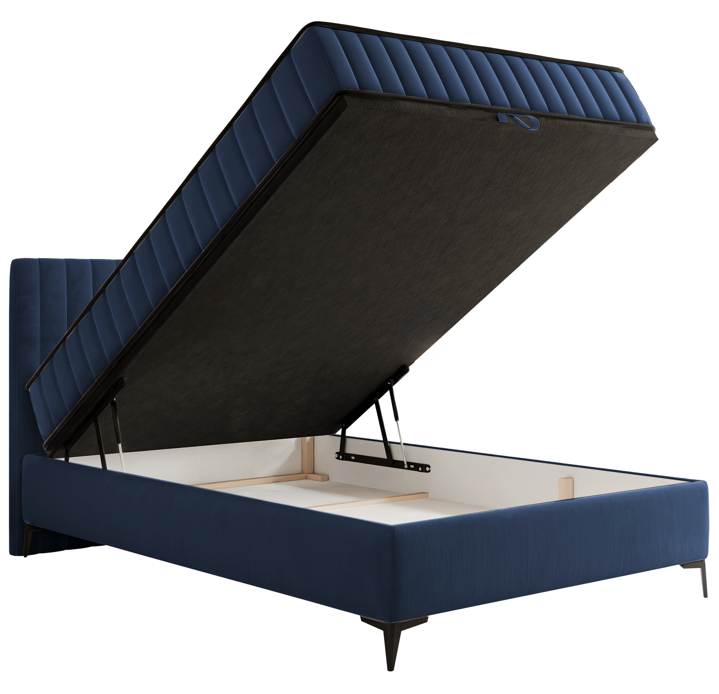 Kontinentalbett 140x200 cm Mufasso mit Stauraum, marineblauer Velours, wasserabweisend