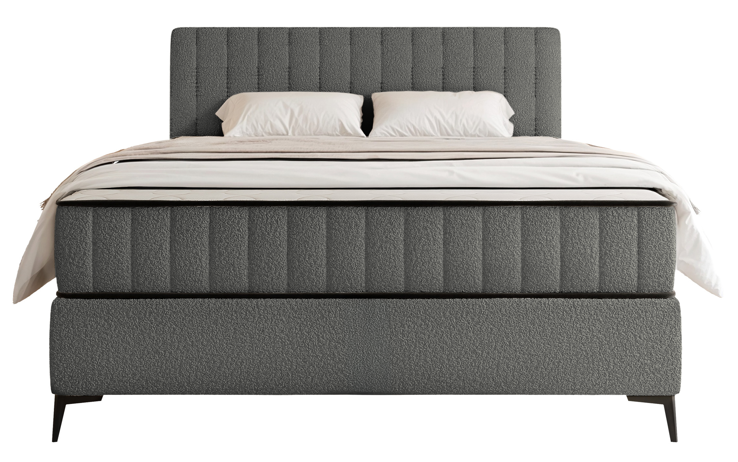 Kontinentales Bett 140x200 cm Mufasso mit Stauraum, dunkelgrauer Bouclé-Bezug