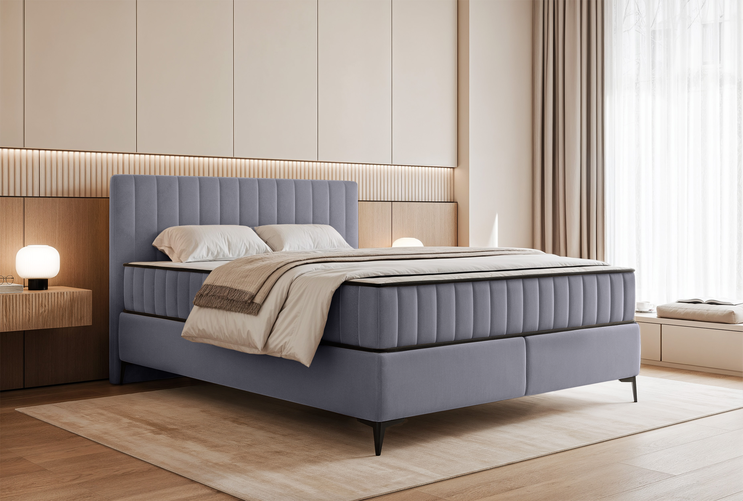 Kontinentales Bett 180x200 cm Mufasso mit Stauraum, hellgrauer Velours, wasserabweisend