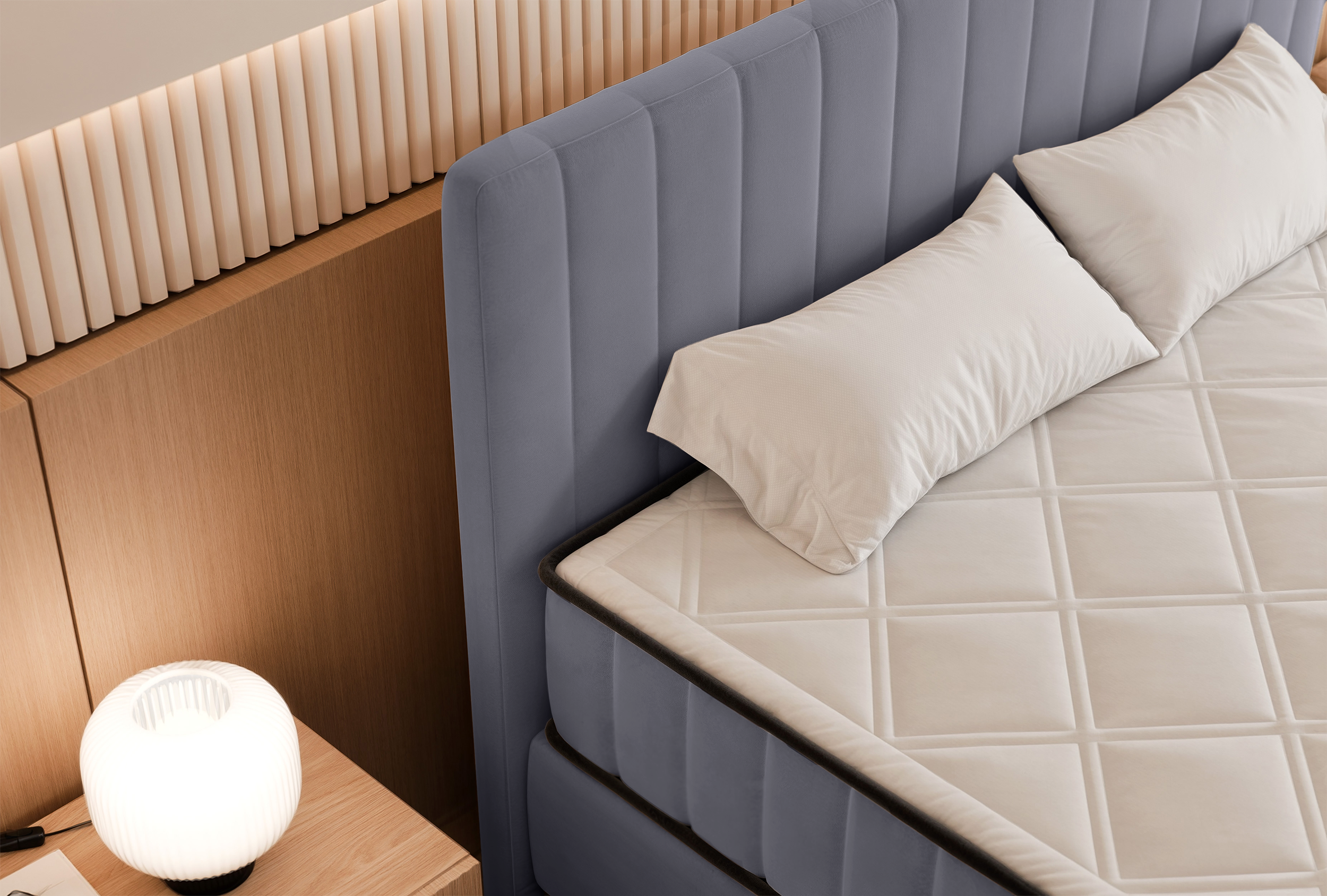 Kontinentales Bett 180x200 cm Mufasso mit Stauraum, hellgrauer Velours, wasserabweisend