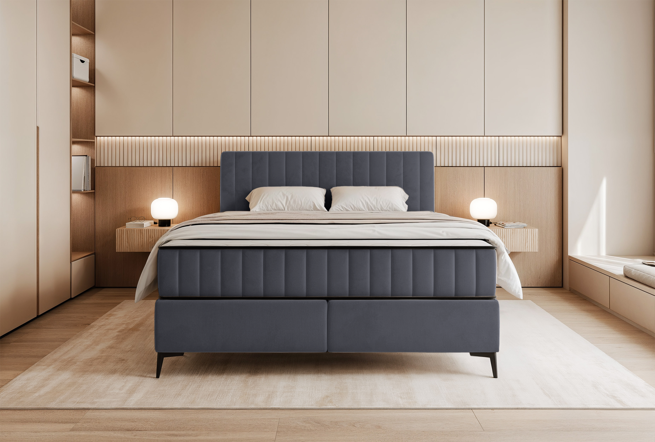 Kontinentales Bett 160x200 cm Mufasso mit Stauraum, grauer wasserabweisender Samt