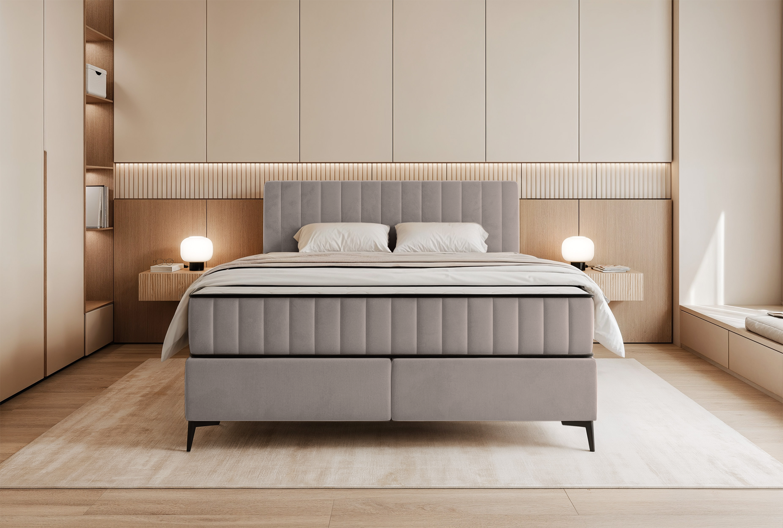 Kontinentalbett 160x200 cm Mufasso mit Stauraum, grau-beiger wasserabweisender Samt