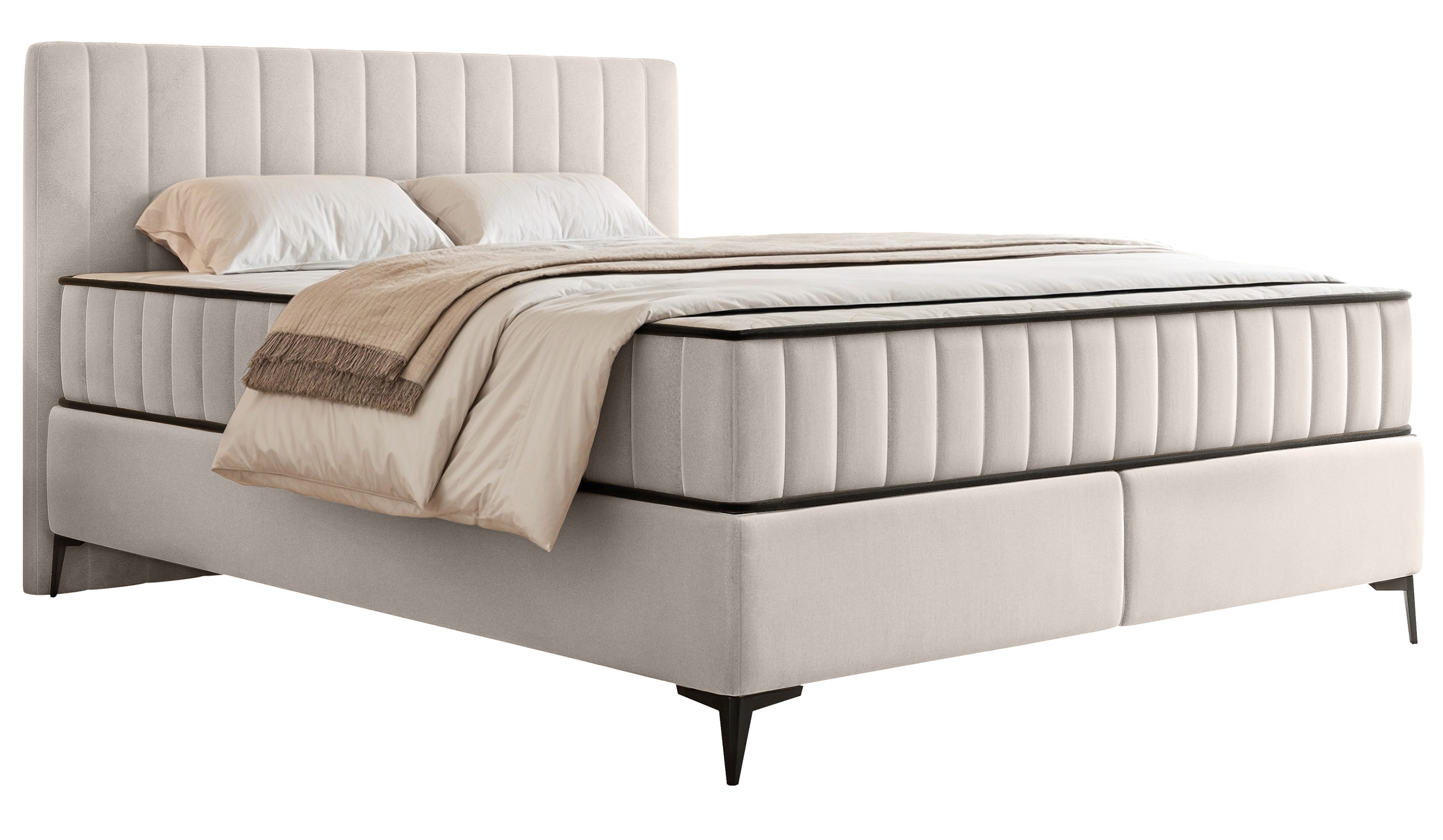 Kontinentales Bett 180x200 cm Mufasso mit Stauraum, hellbeiger Veloursstoff, wasserabweisend