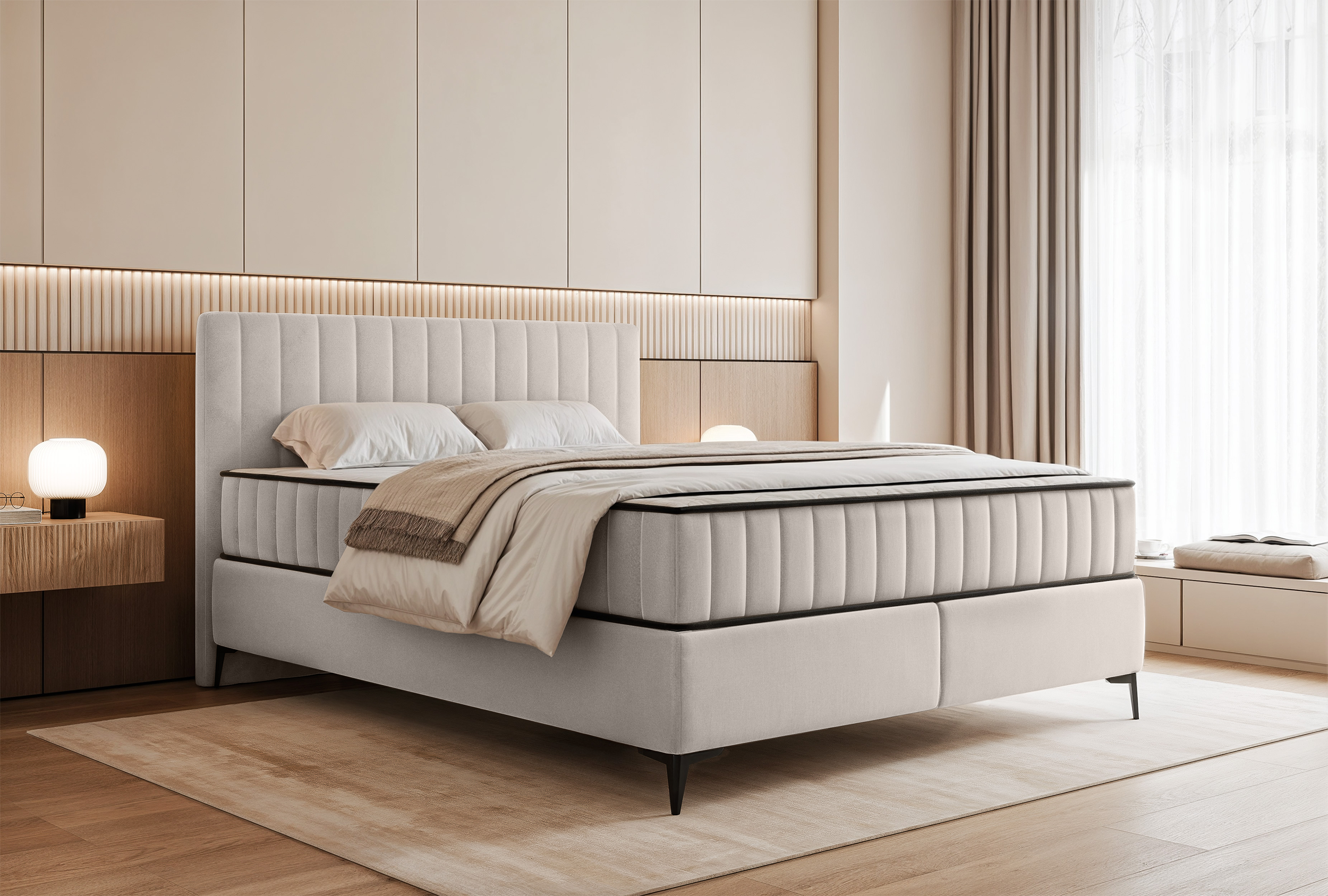 Kontinentales Bett 180x200 cm Mufasso mit Stauraum, hellbeiger Veloursstoff, wasserabweisend