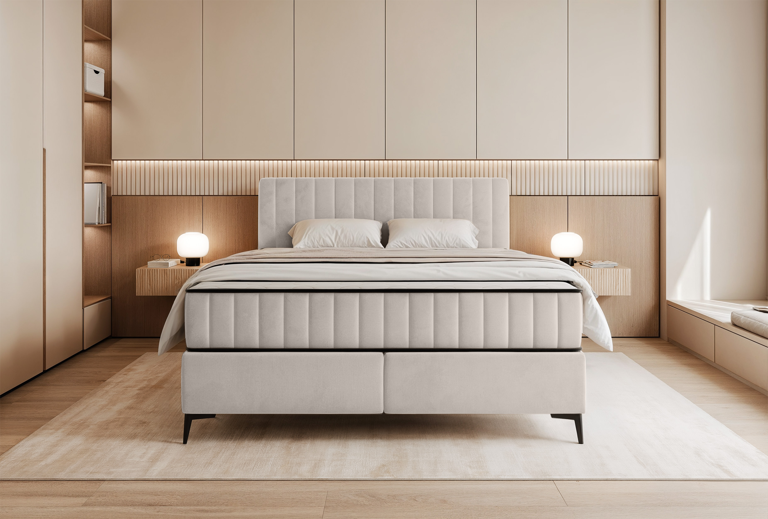 Kontinentales Bett 180x200 cm Mufasso mit Stauraum, hellbeiger Veloursstoff, wasserabweisend