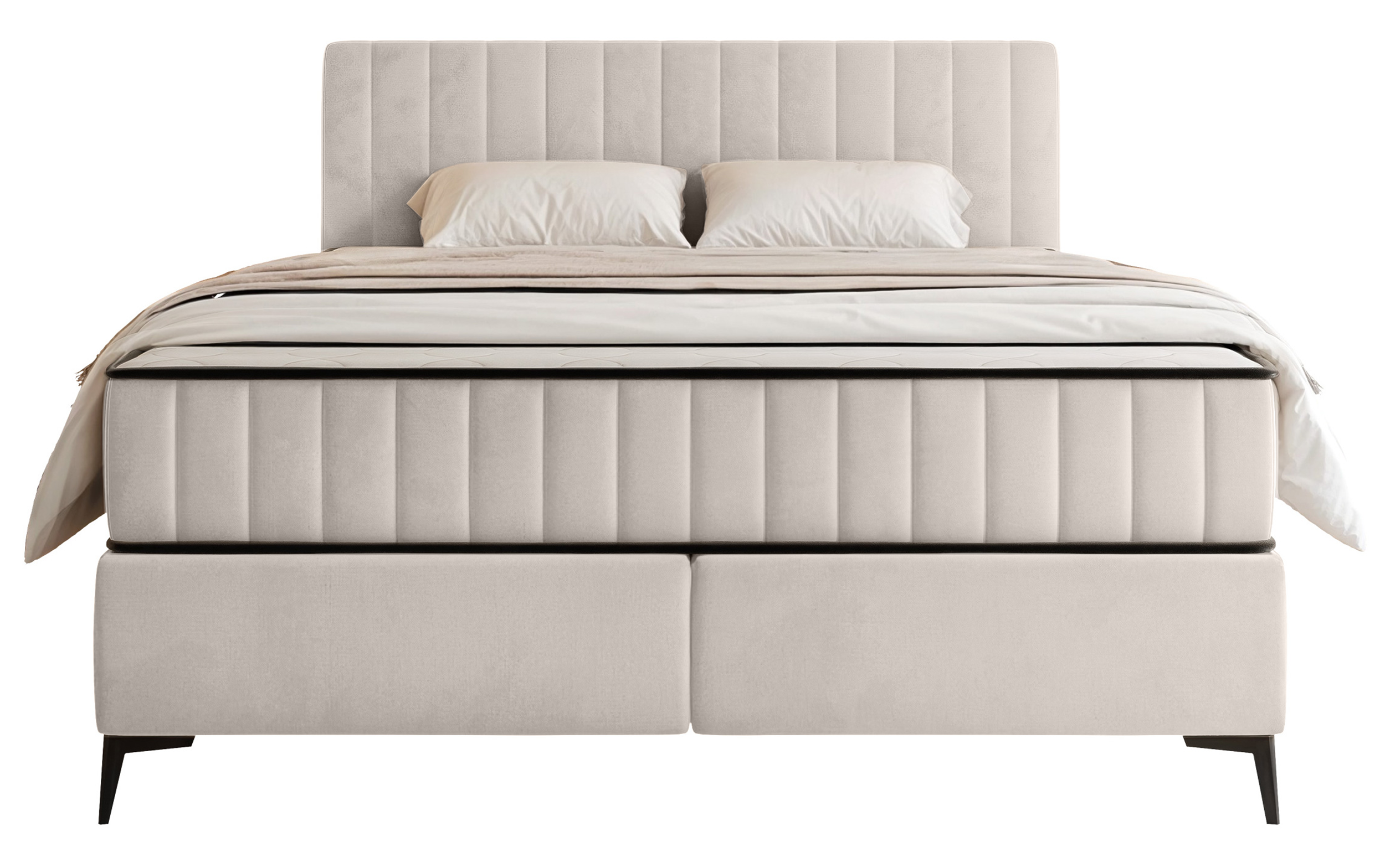 Kontinentales Bett 180x200 cm Mufasso mit Stauraum, hellbeiger Veloursstoff, wasserabweisend