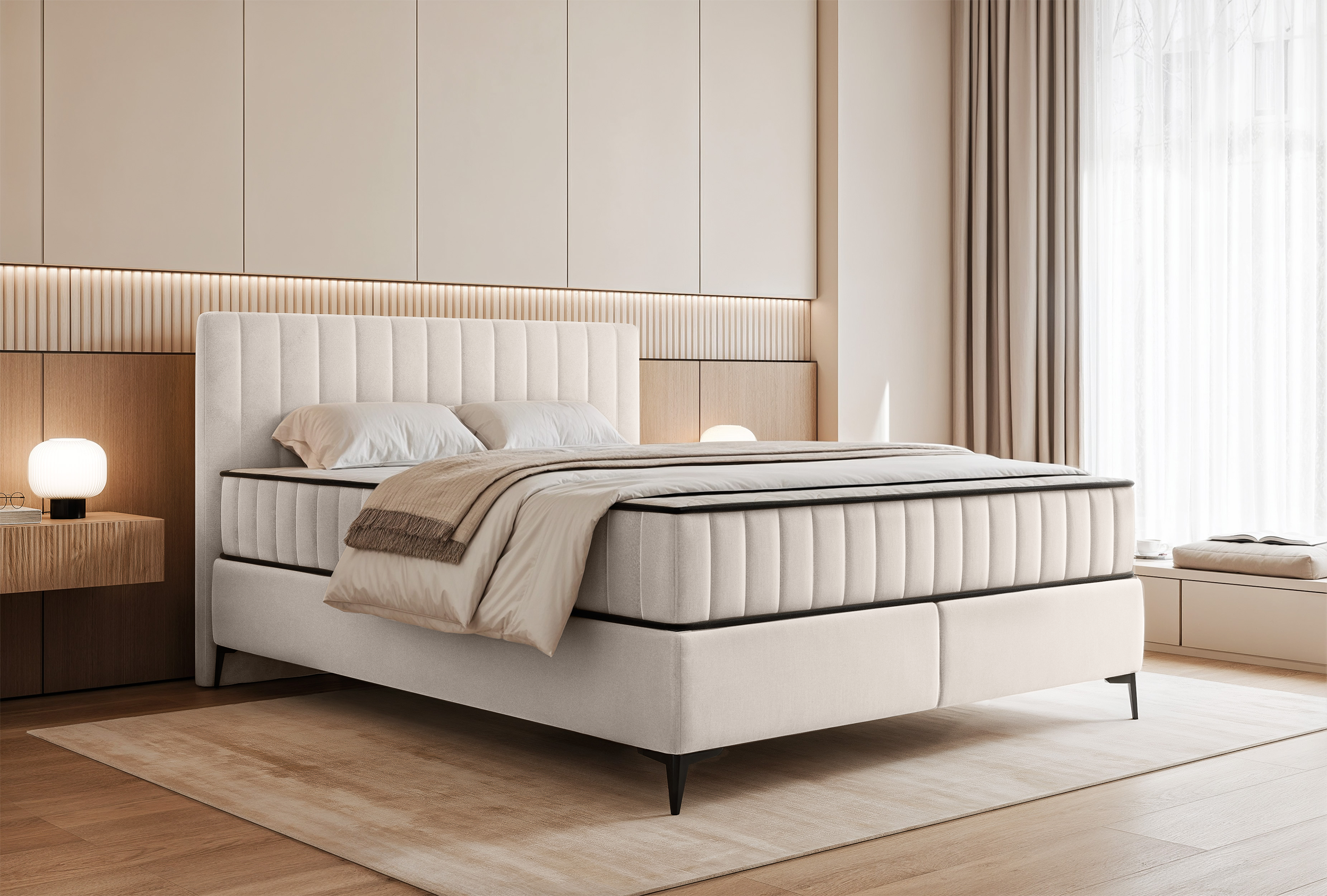Kontinentales Bett 160x200 cm Mufasso mit Stauraum, cremefarben, wasserabweisender Samt