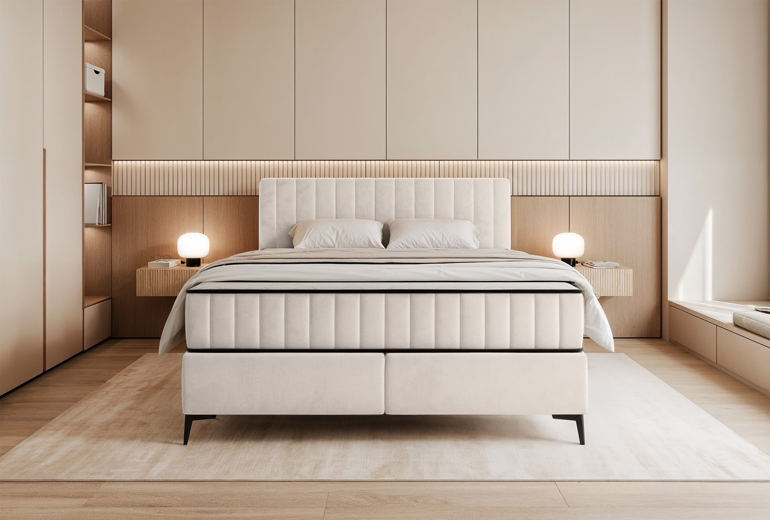Kontinentales Bett 160x200 cm Mufasso mit Stauraum, cremefarben, wasserabweisender Samt