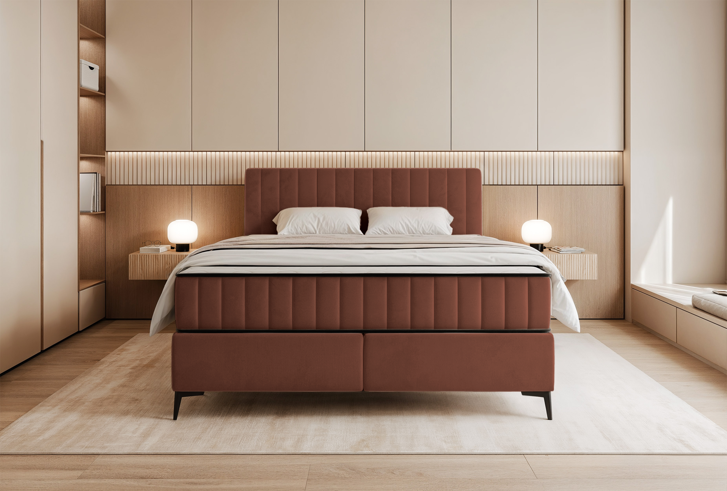 Kontinentales Bett 160x200 cm Mufasso mit Stauraum, kupferfarbener Velours, wasserabweisend