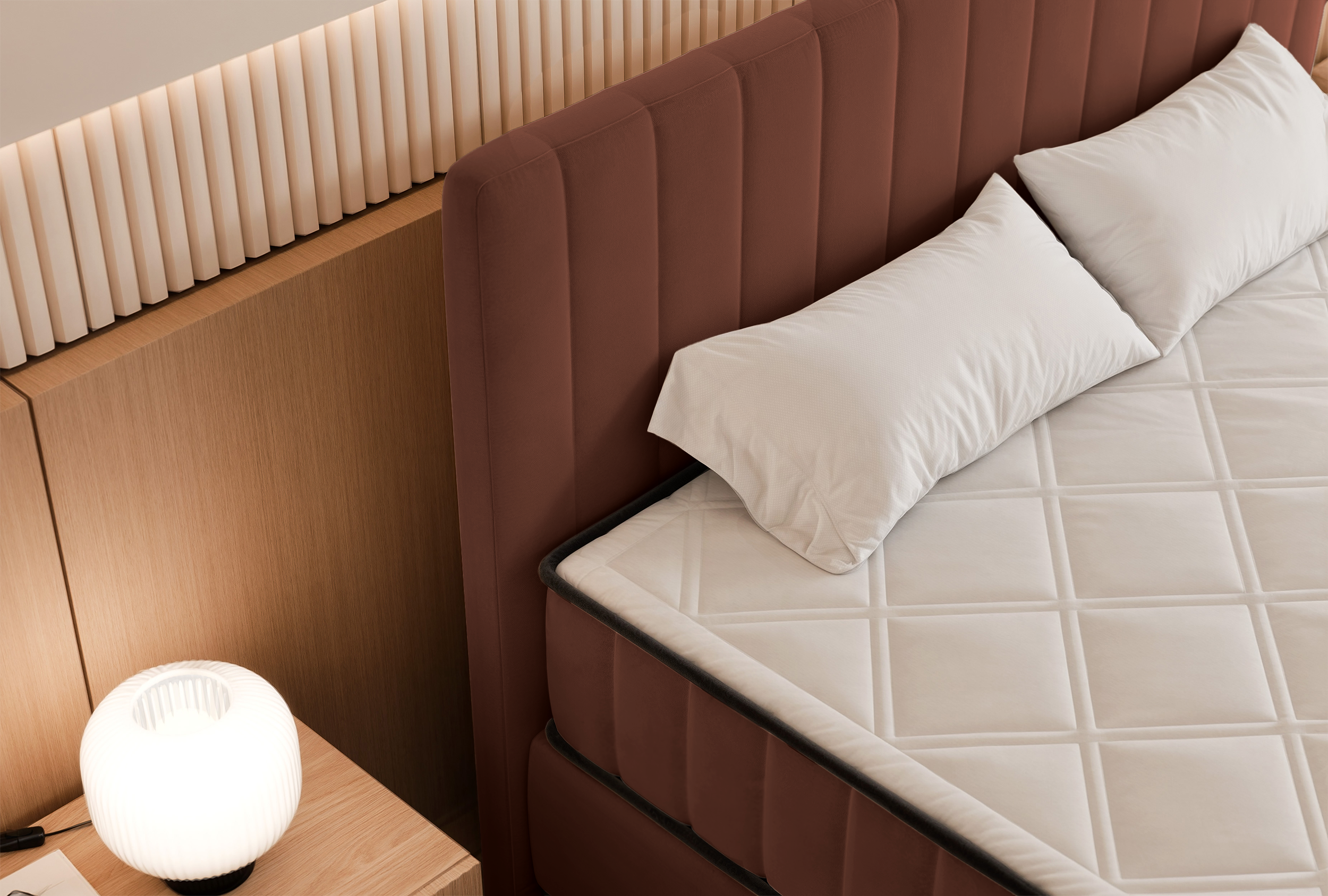 Kontinentales Bett 180x200 cm Mufasso mit Stauraum, kupferfarbener Veloursstoff, wasserabweisend