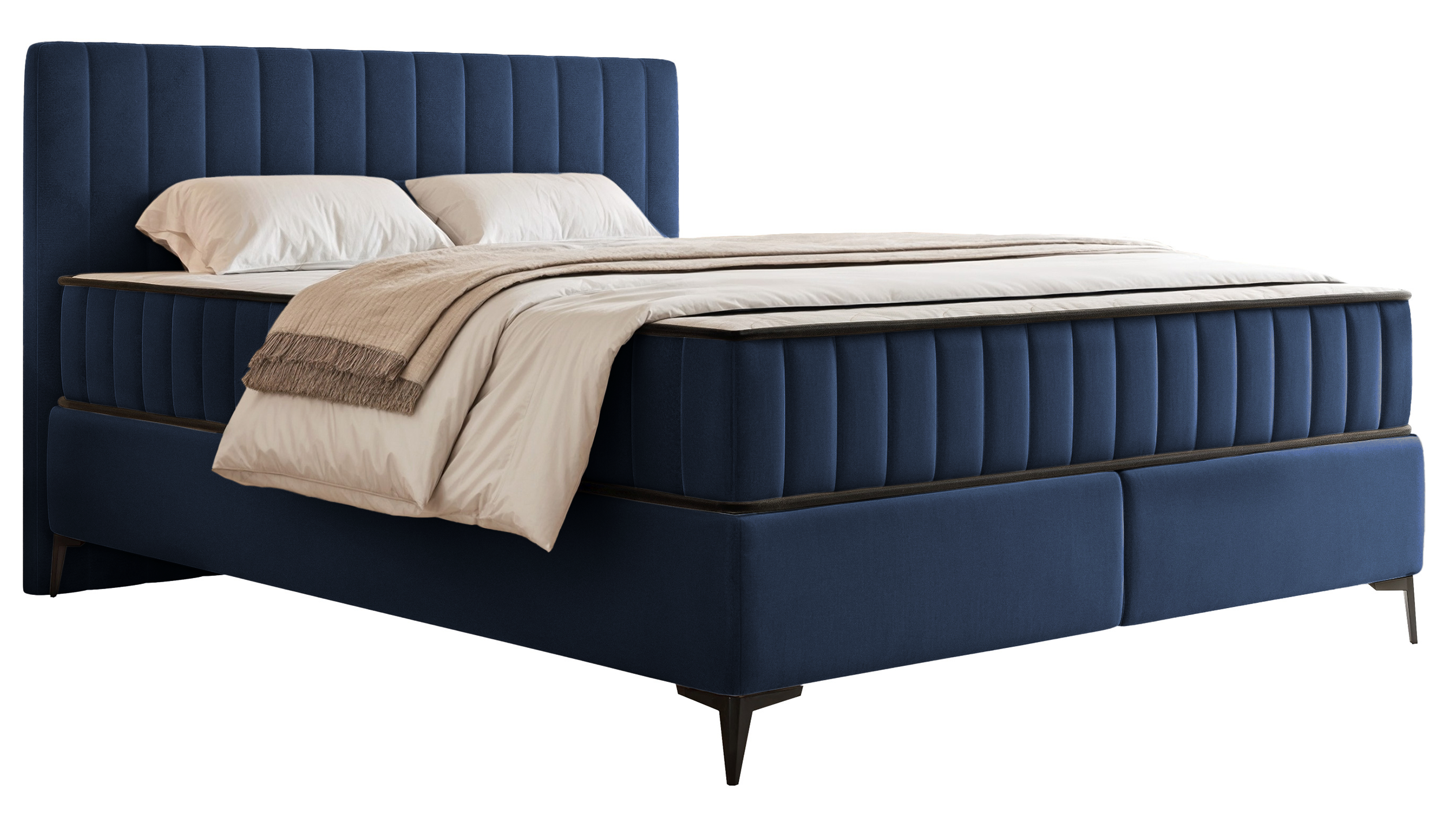 Kontinentalbett 160x200 cm Mufasso mit Stauraum, marineblauer Velours, wasserabweisend