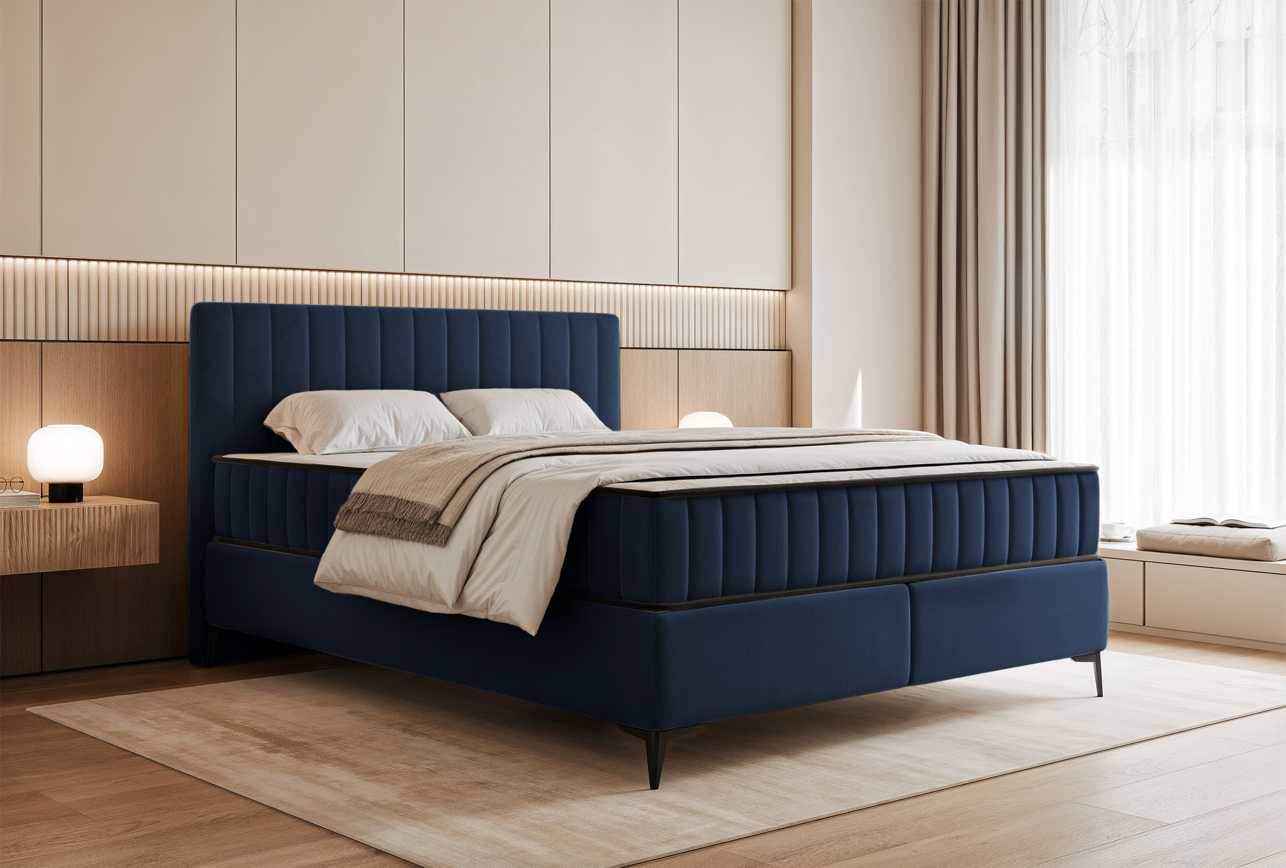Kontinentalbett 160x200 cm Mufasso mit Stauraum, marineblauer Velours, wasserabweisend