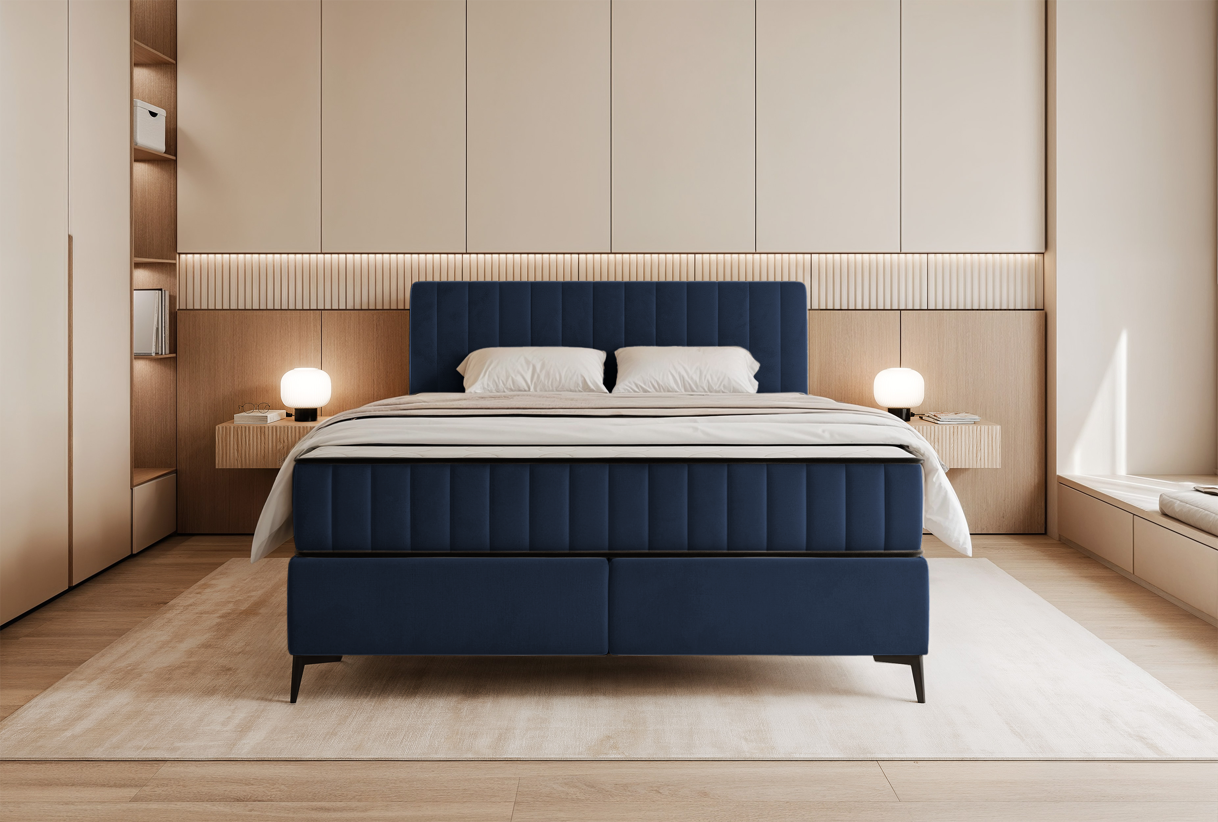 Kontinentalbett 160x200 cm Mufasso mit Stauraum, marineblauer Velours, wasserabweisend