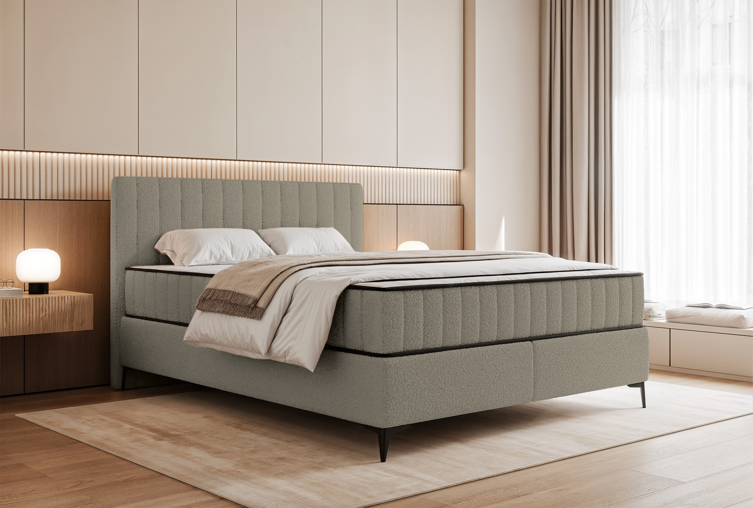 Kontinentales Bett 180x200 cm Mufasso mit Stauraum, dunkelbeiges Bouclé