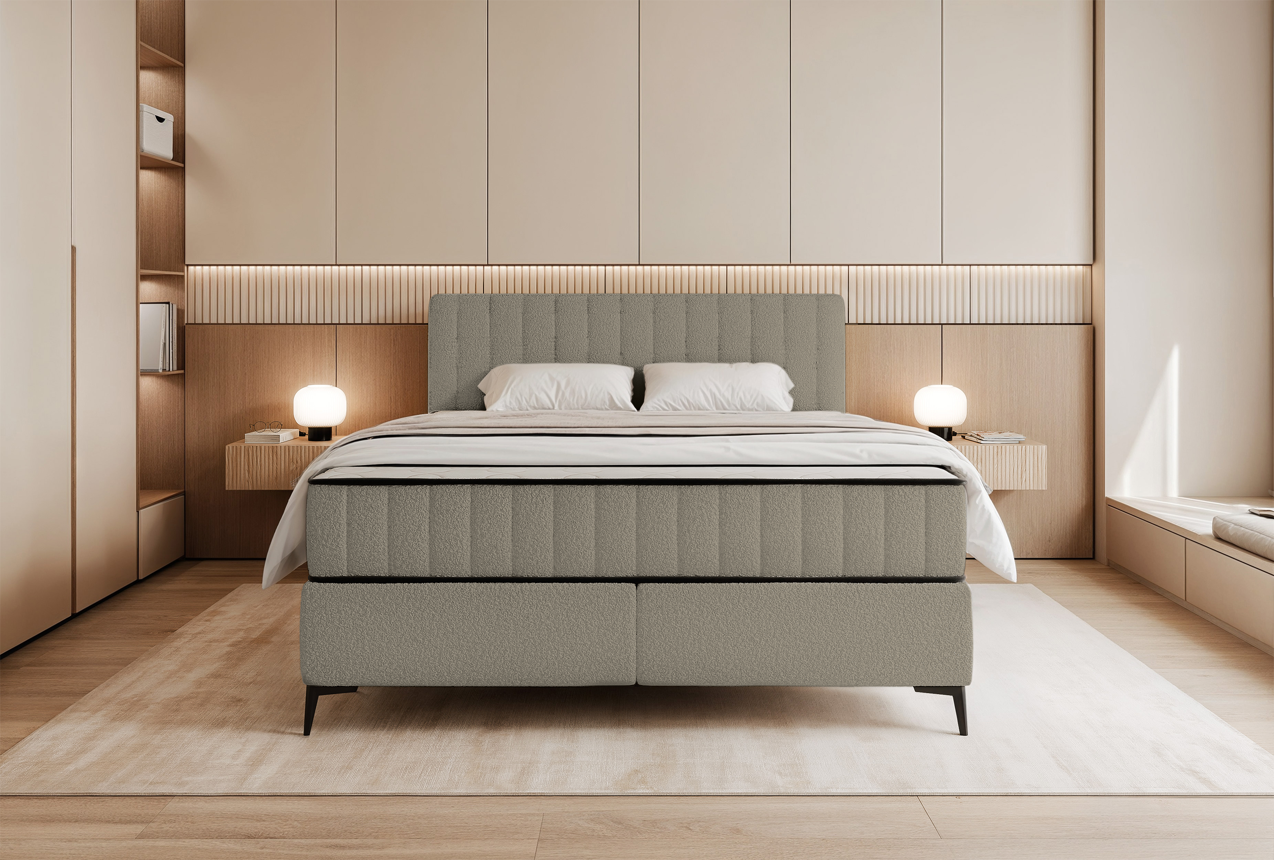 Kontinentales Bett 180x200 cm Mufasso mit Stauraum, dunkelbeiges Bouclé